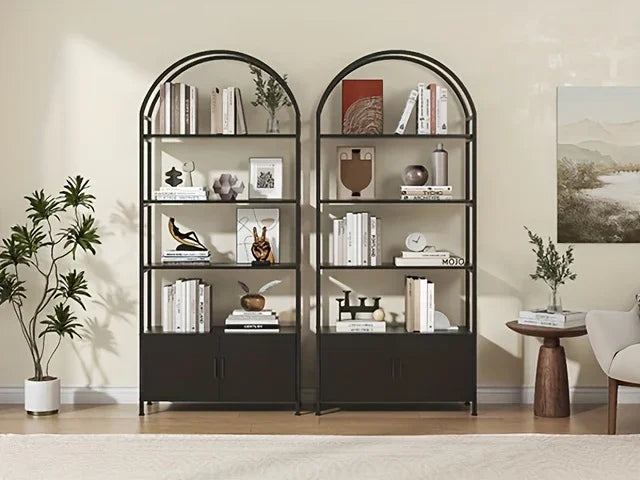 71" Industrial Arched Bookshelf with Doors - Sturdy Metal Frame, Freestanding Display Shelving Unit for... - House Of Avana