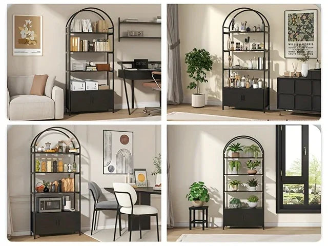 71" Industrial Arched Bookshelf with Doors - Sturdy Metal Frame, Freestanding Display Shelving Unit for... - House Of Avana