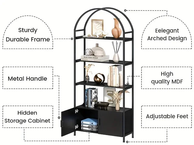 71" Industrial Arched Bookshelf with Doors - Sturdy Metal Frame, Freestanding Display Shelving Unit for... - House Of Avana