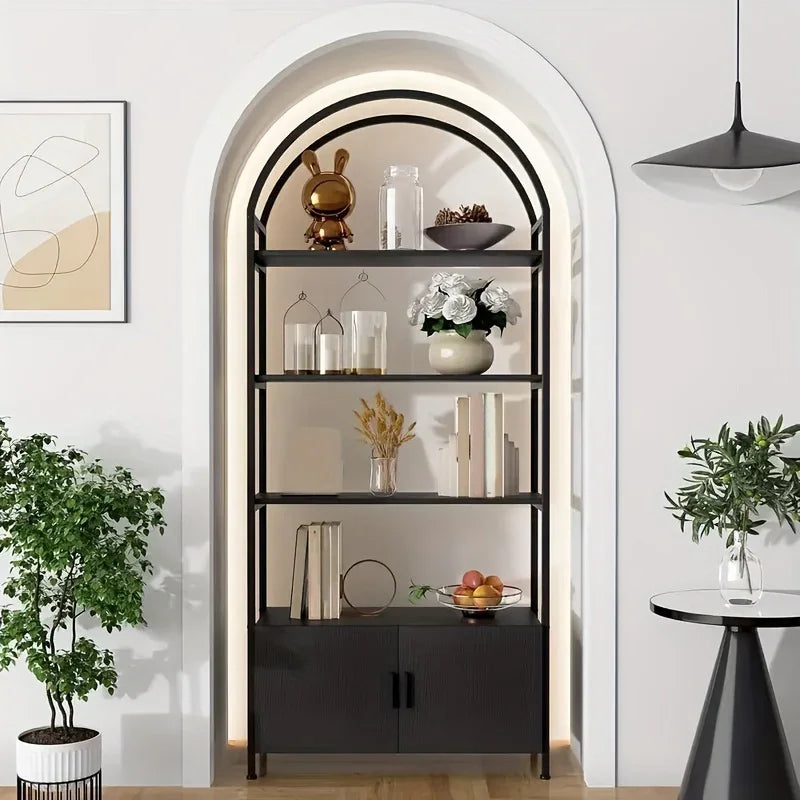 71" Industrial Arched Bookshelf with Doors - Sturdy Metal Frame, Freestanding Display Shelving Unit for... - House Of Avana