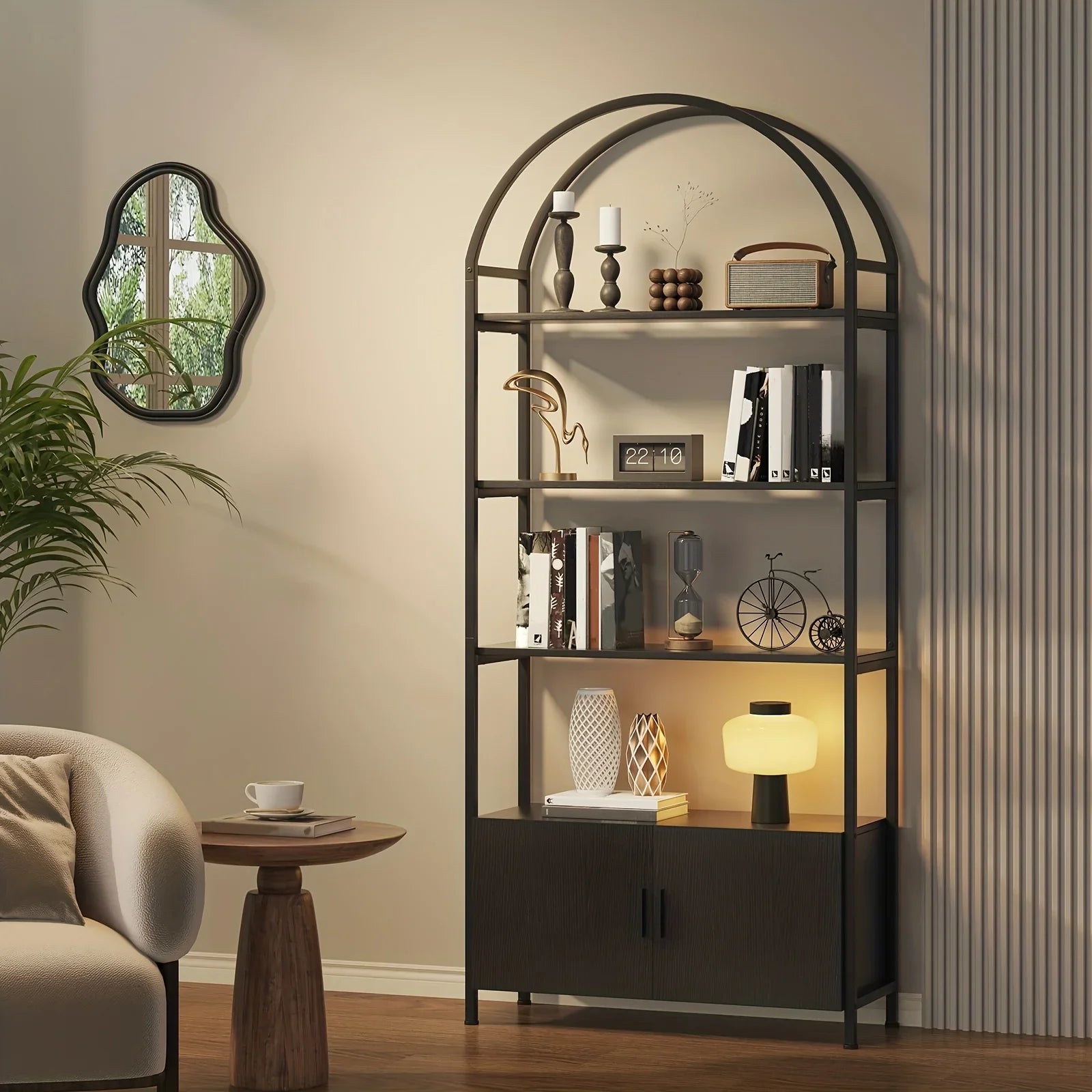 71" Industrial Arched Bookshelf with Doors - Sturdy Metal Frame, Freestanding Display Shelving Unit for... - House Of Avana