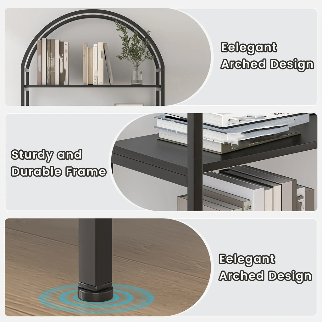 71" Industrial Arched Bookshelf with Doors - Sturdy Metal Frame, Freestanding Display Shelving Unit for... - House Of Avana