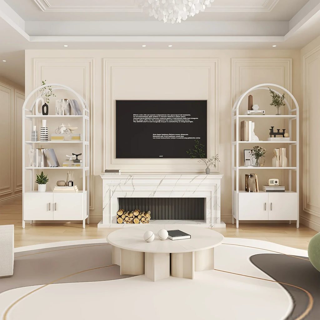 71" Industrial Arched Bookshelf with Doors - Sturdy Metal Frame, Freestanding Display Shelving Unit for... - House Of Avana