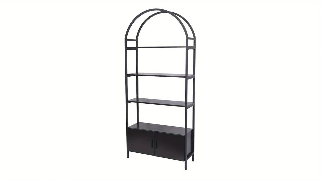 71" Industrial Arched Bookshelf with Doors - Sturdy Metal Frame, Freestanding Display Shelving Unit for... - House Of Avana