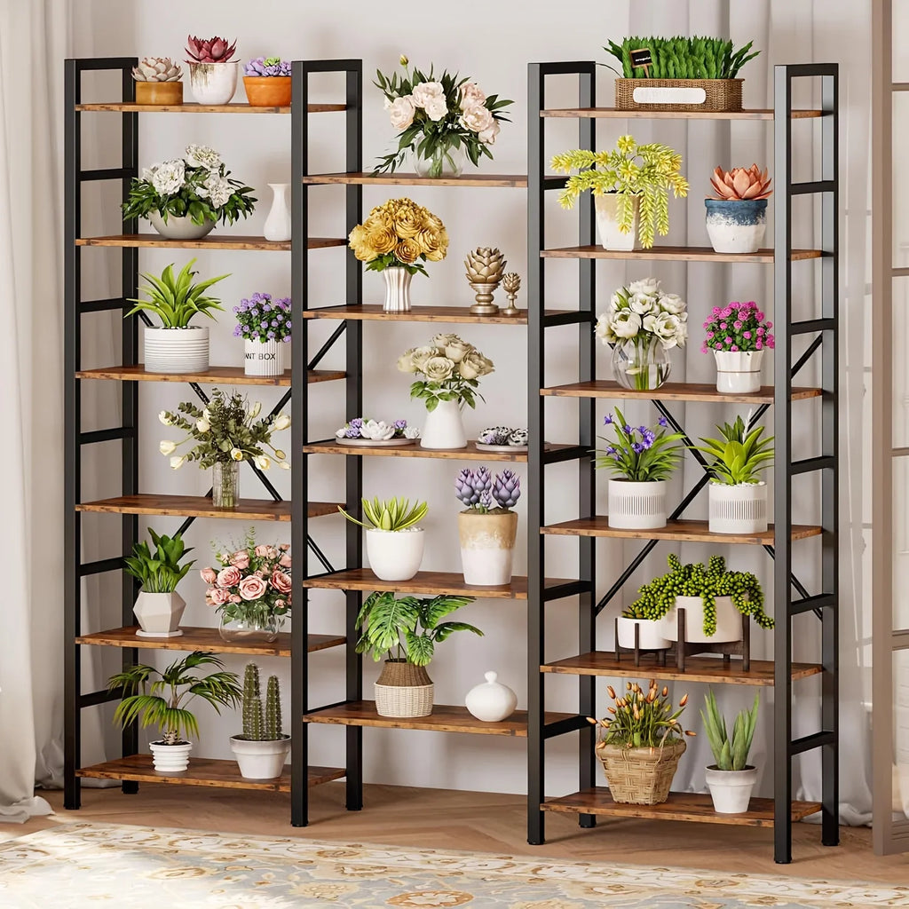 6-tier Triple Wide Industrial Bookshelf – Large Etagere Bookcase with Metal Frame - House Of Avana