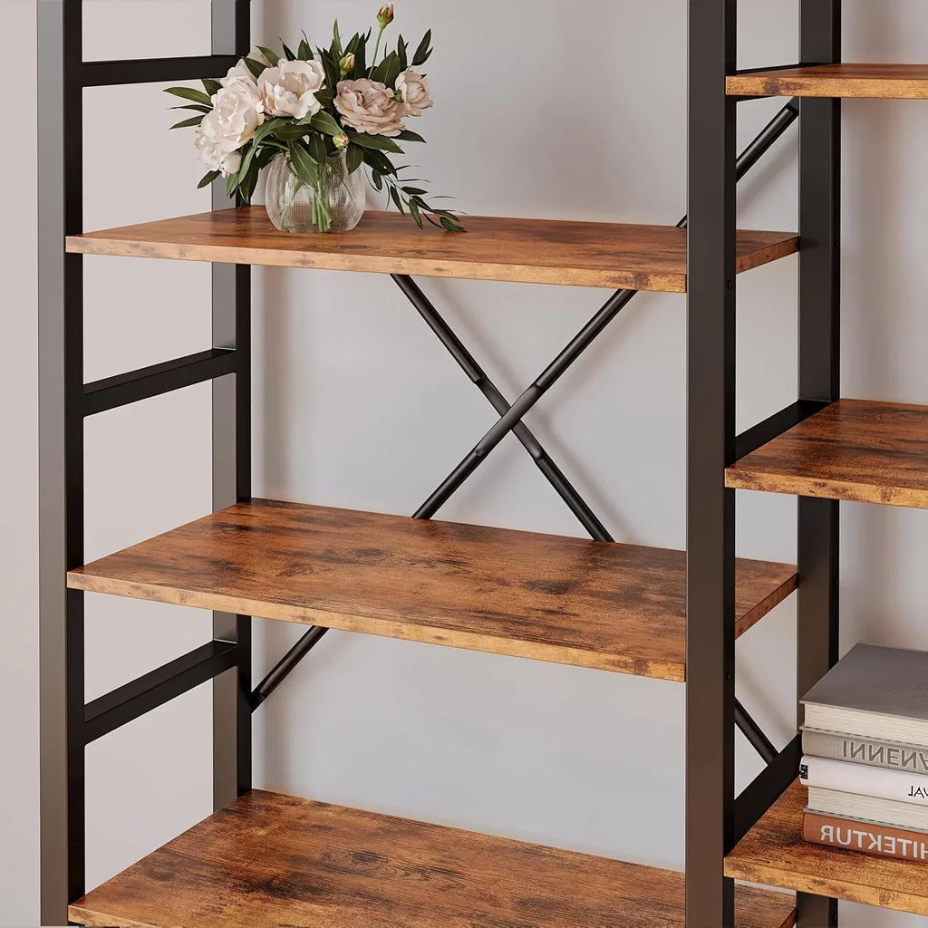 6-tier Triple Wide Industrial Bookshelf – Large Etagere Bookcase with Metal Frame - House Of Avana