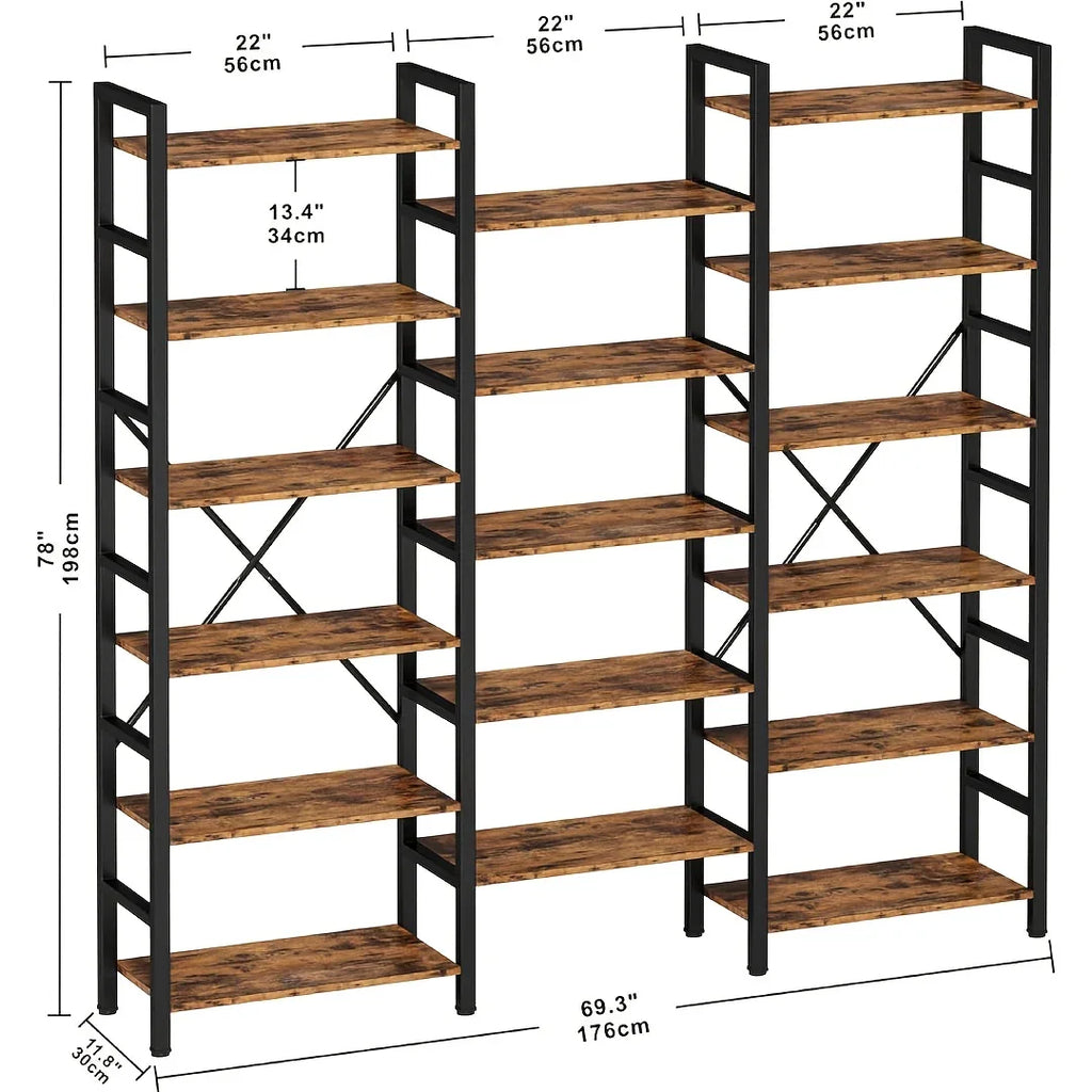 6-tier Triple Wide Industrial Bookshelf – Large Etagere Bookcase with Metal Frame - House Of Avana