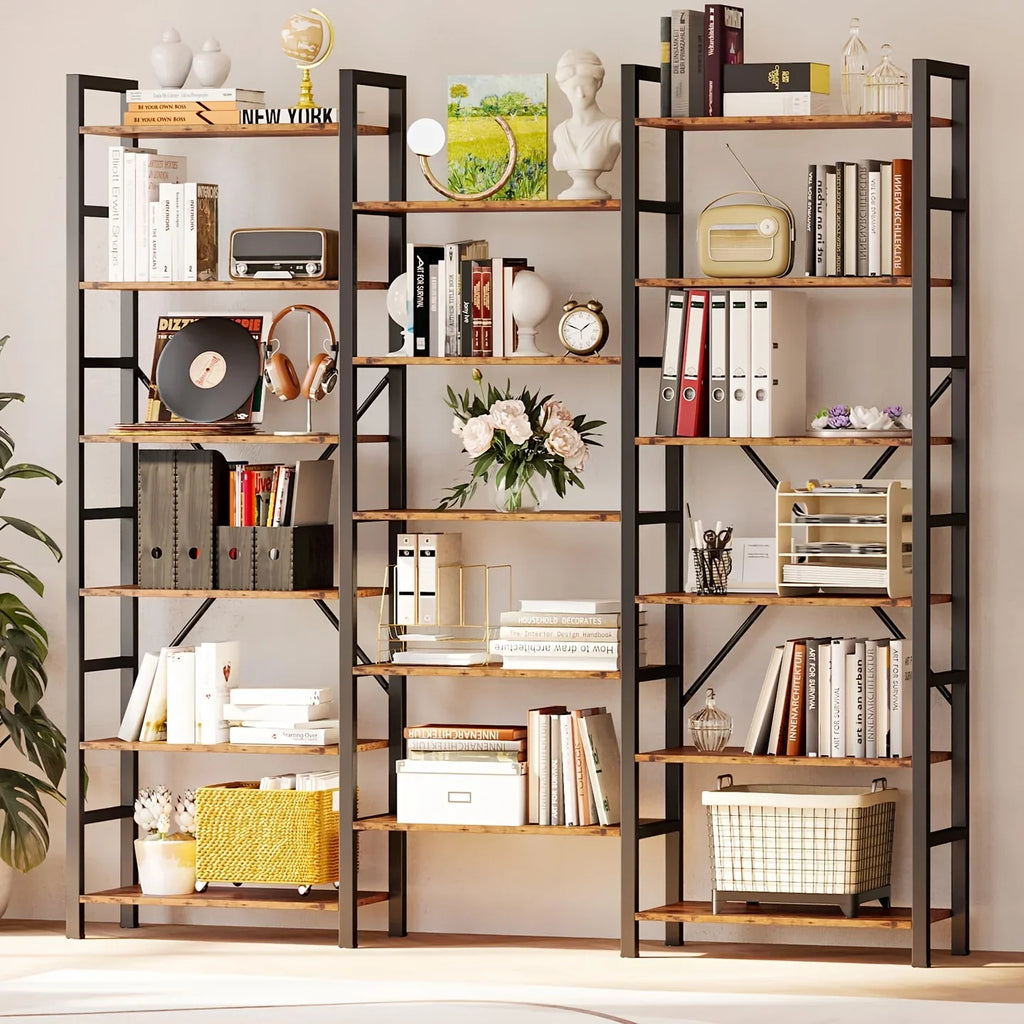 6-tier Triple Wide Industrial Bookshelf – Large Etagere Bookcase with Metal Frame - House Of Avana