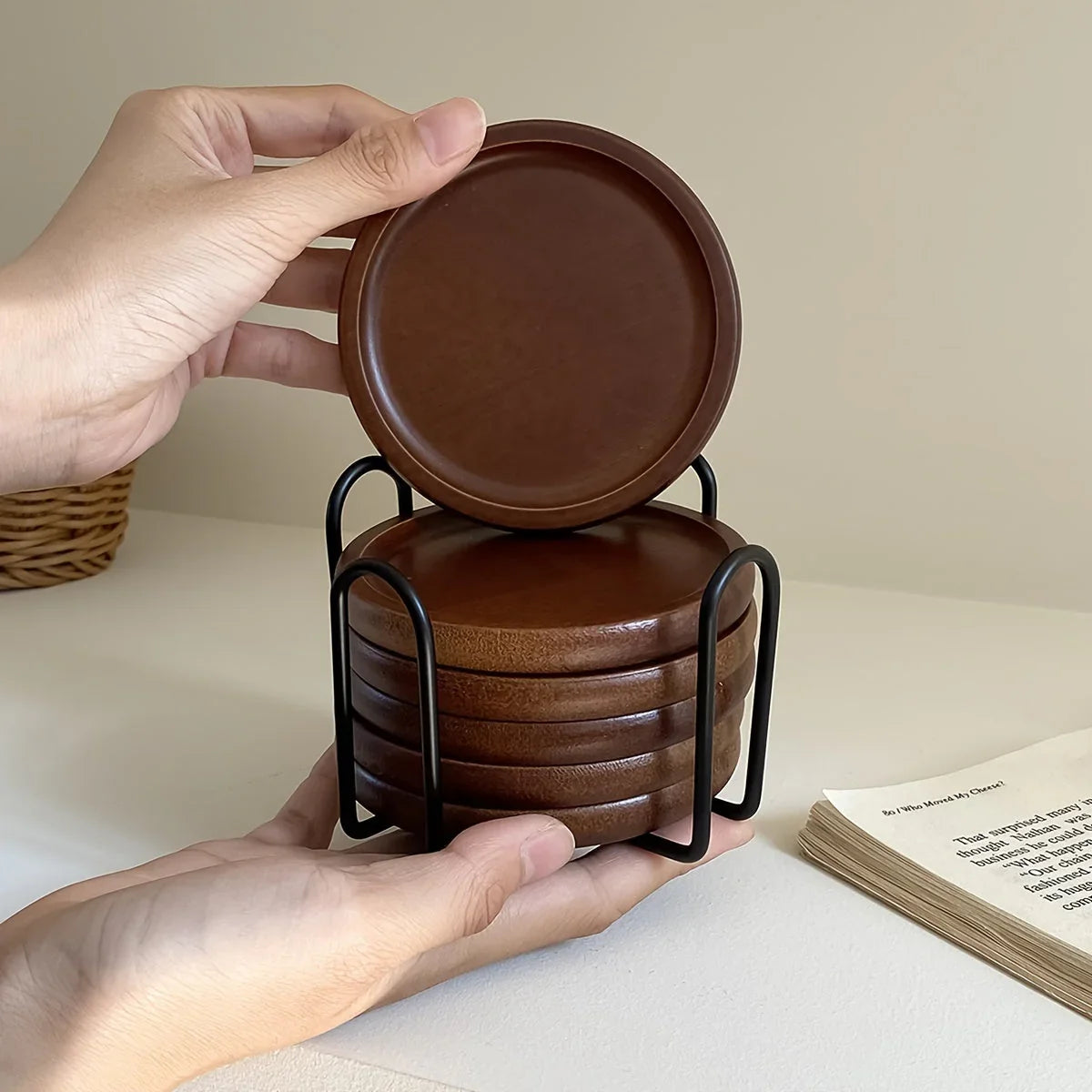 S/1set Japanese Bamboo and Wood Insulation Coasters Plus Iron Frame, Suitable for Living Room Coffee... - House Of Avana