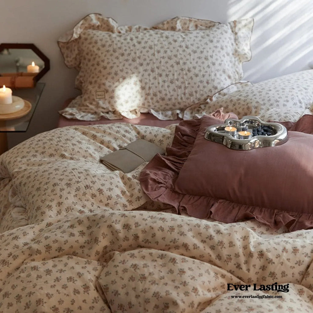 French Floral Earth Tone Double Layer Ruffle Bedding Set / Beige + Blue Ever Lasting
