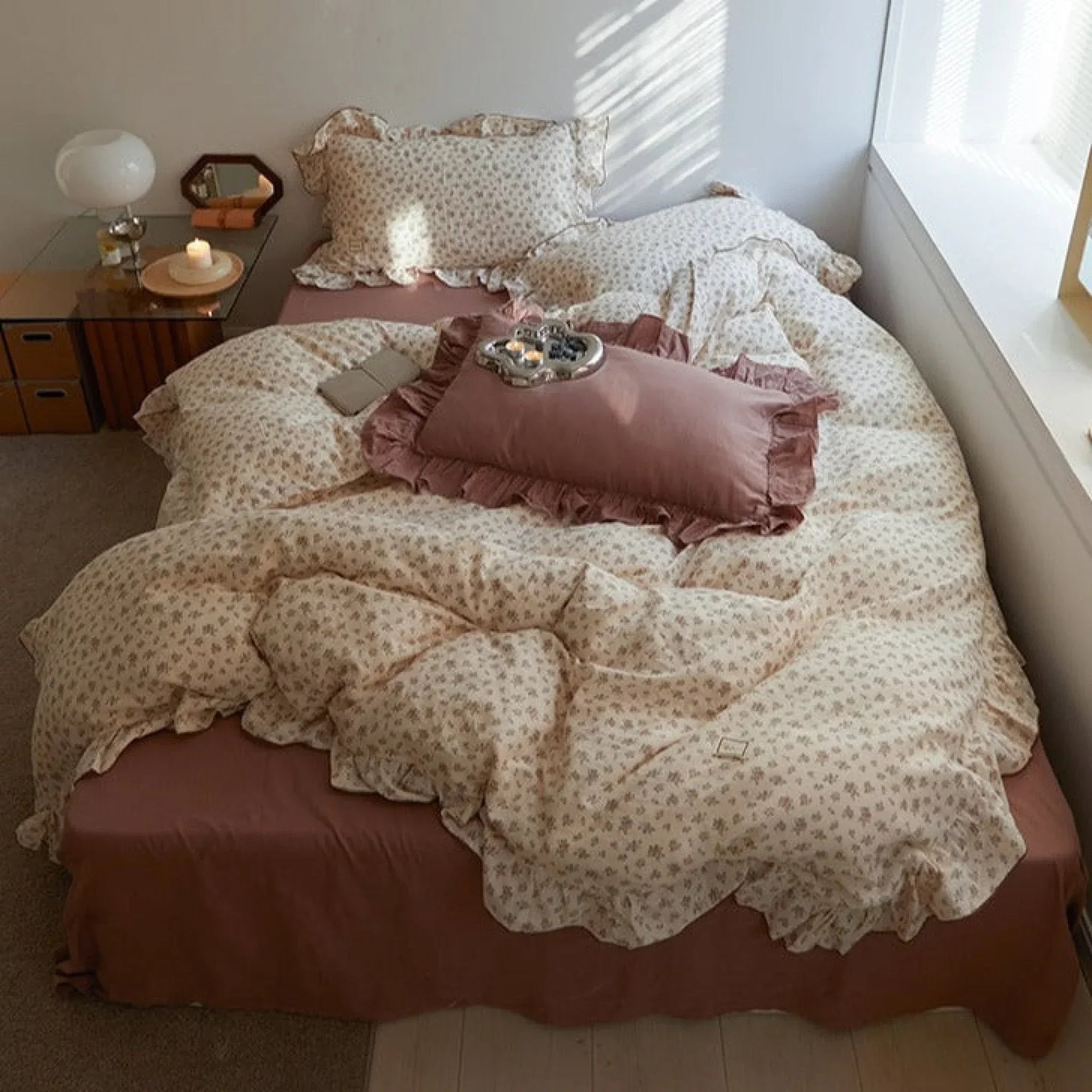 French Floral Earth Tone Double Layer Ruffle Bedding Set / Beige + Blue Ever Lasting
