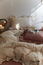 French Floral Earth Tone Double Layer Ruffle Bedding Set / Beige + Blue Ever Lasting