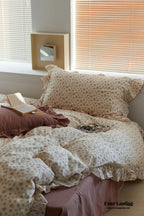 French Floral Earth Tone Double Layer Ruffle Bedding Set / Beige + Blue Ever Lasting
