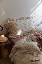 French Floral Earth Tone Double Layer Ruffle Bedding Set / Beige + Blue Ever Lasting
