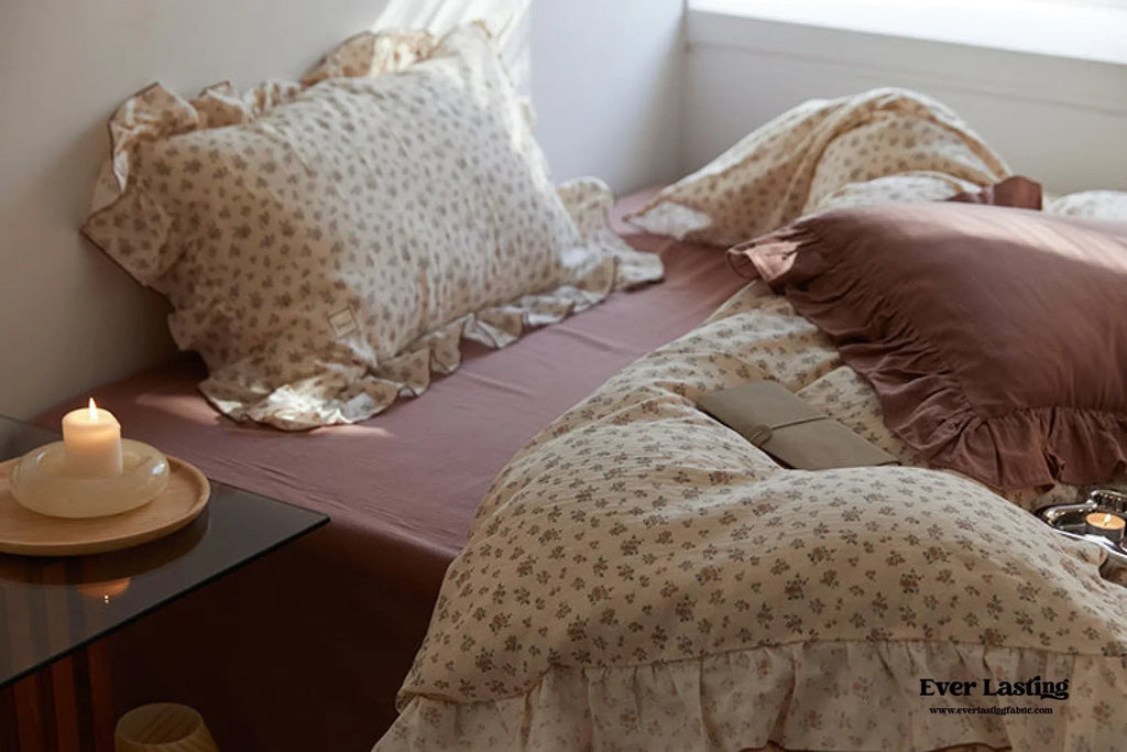 French Floral Earth Tone Double Layer Ruffle Bedding Set / Beige + Blue Ever Lasting
