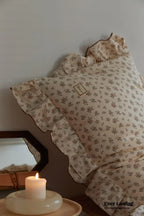 French Floral Earth Tone Double Layer Ruffle Bedding Set / Beige + Blue Ever Lasting