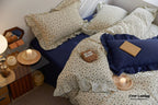 French Floral Earth Tone Double Layer Ruffle Bedding Set / Beige + Blue Ever Lasting