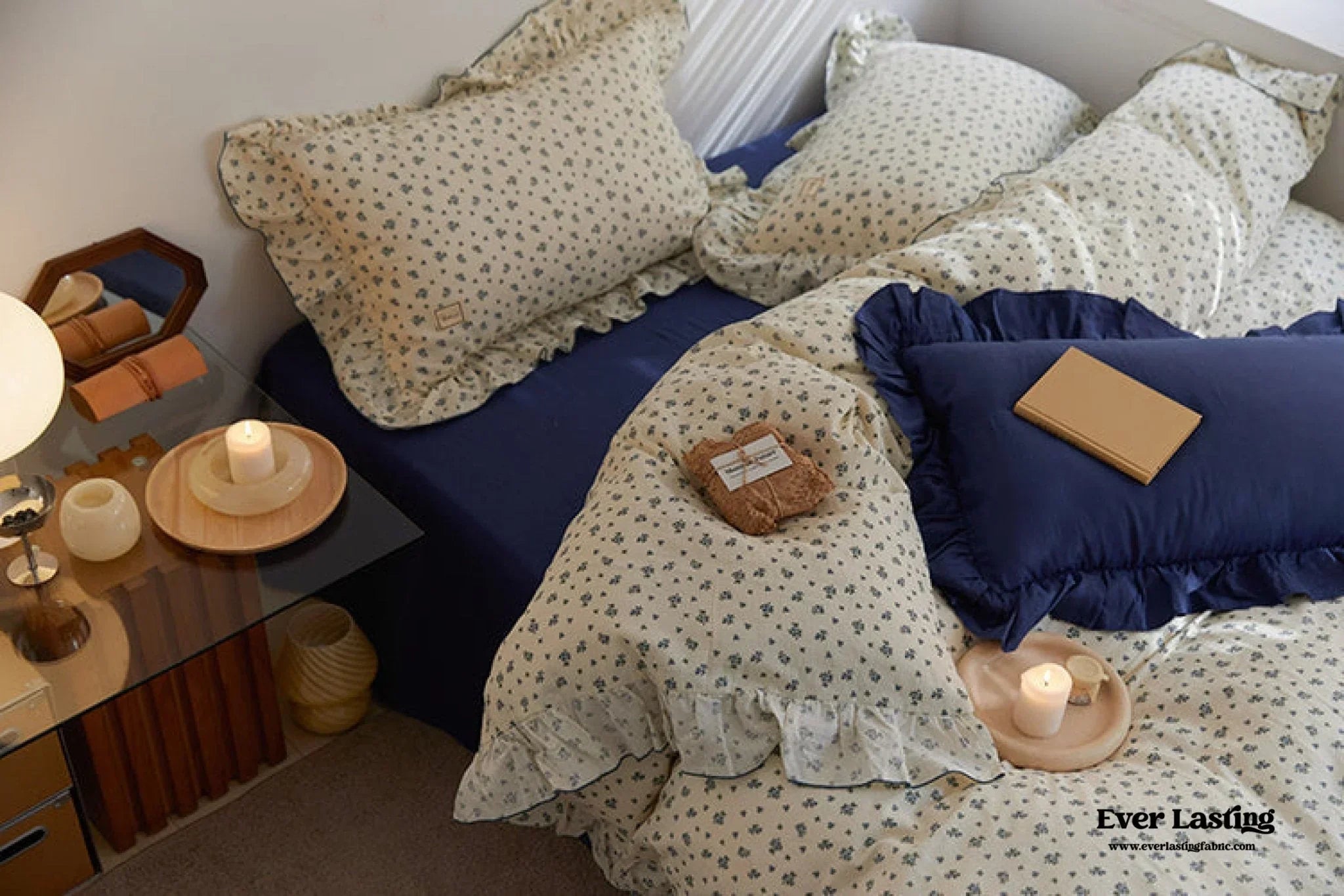 French Floral Earth Tone Double Layer Ruffle Bedding Set / Beige + Blue Ever Lasting