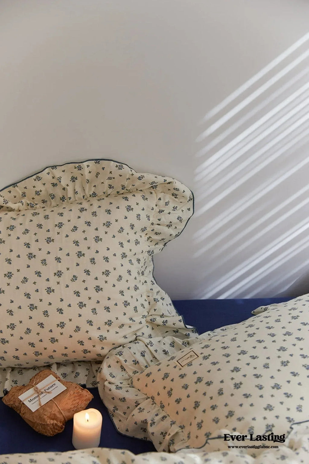 French Floral Earth Tone Double Layer Ruffle Bedding Set / Beige + Blue Ever Lasting