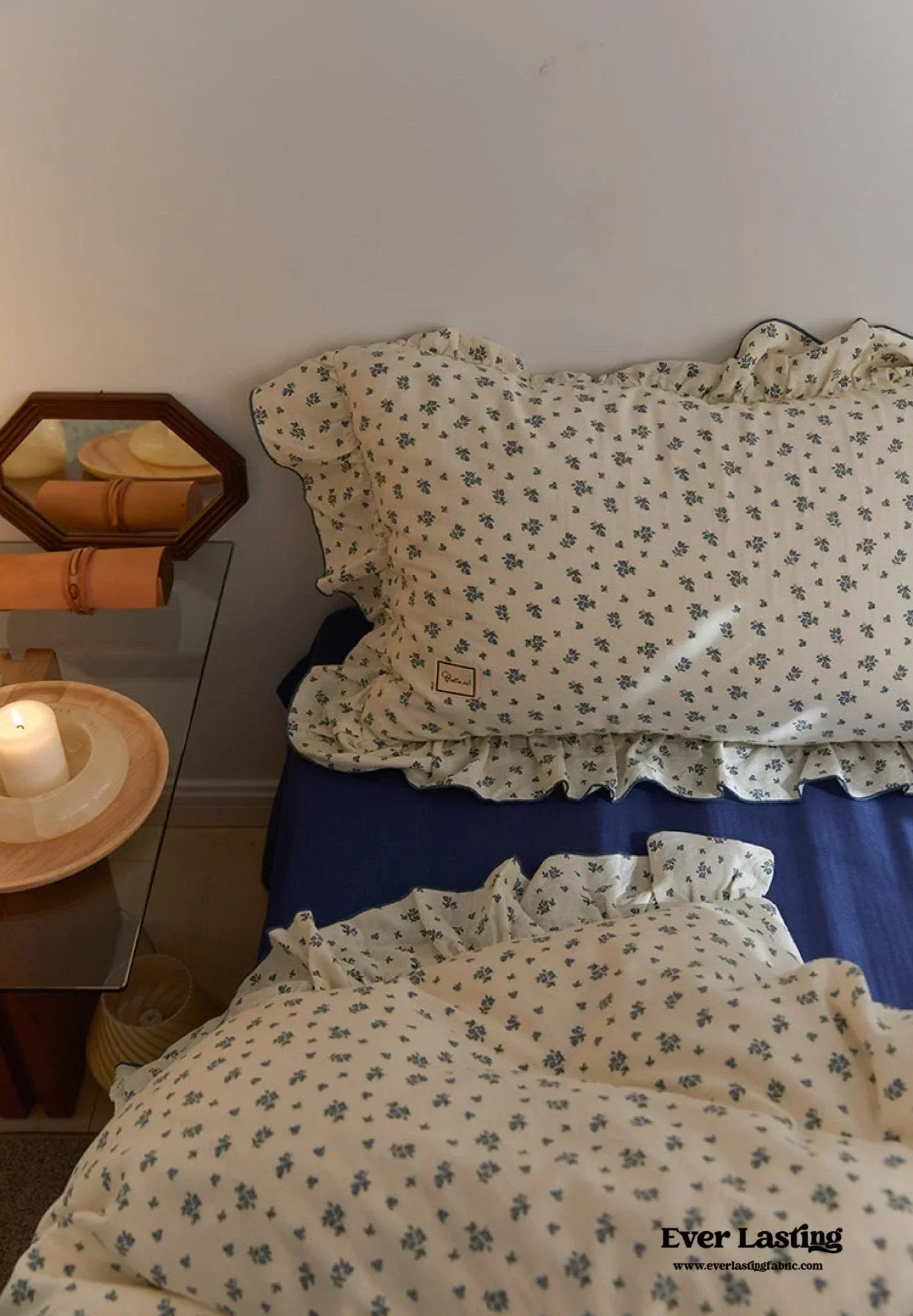 French Floral Earth Tone Double Layer Ruffle Bedding Set / Beige + Blue Ever Lasting