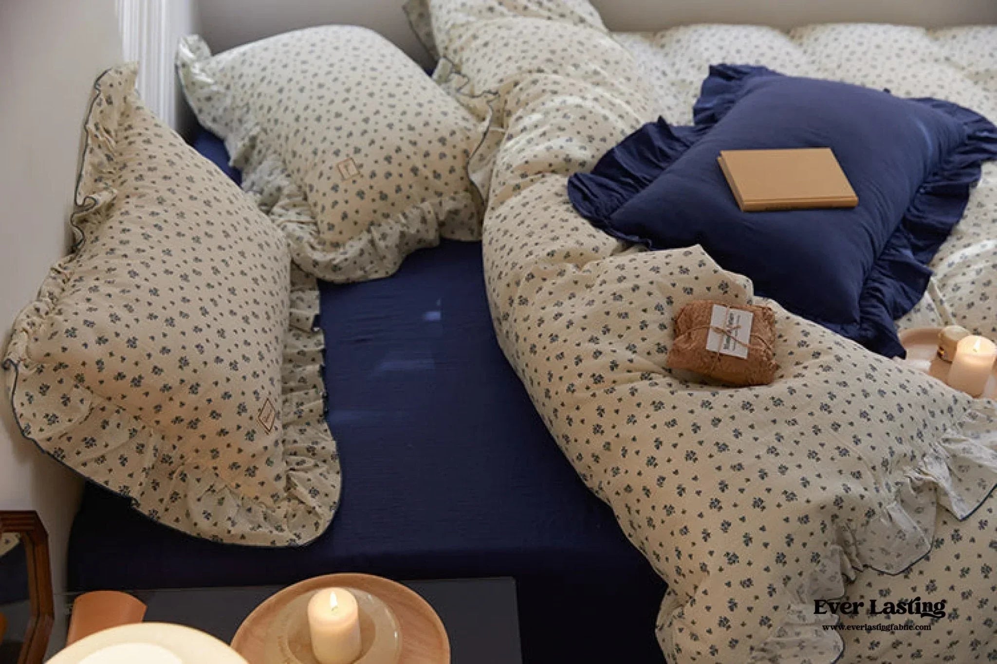French Floral Earth Tone Double Layer Ruffle Bedding Set / Beige + Blue Ever Lasting