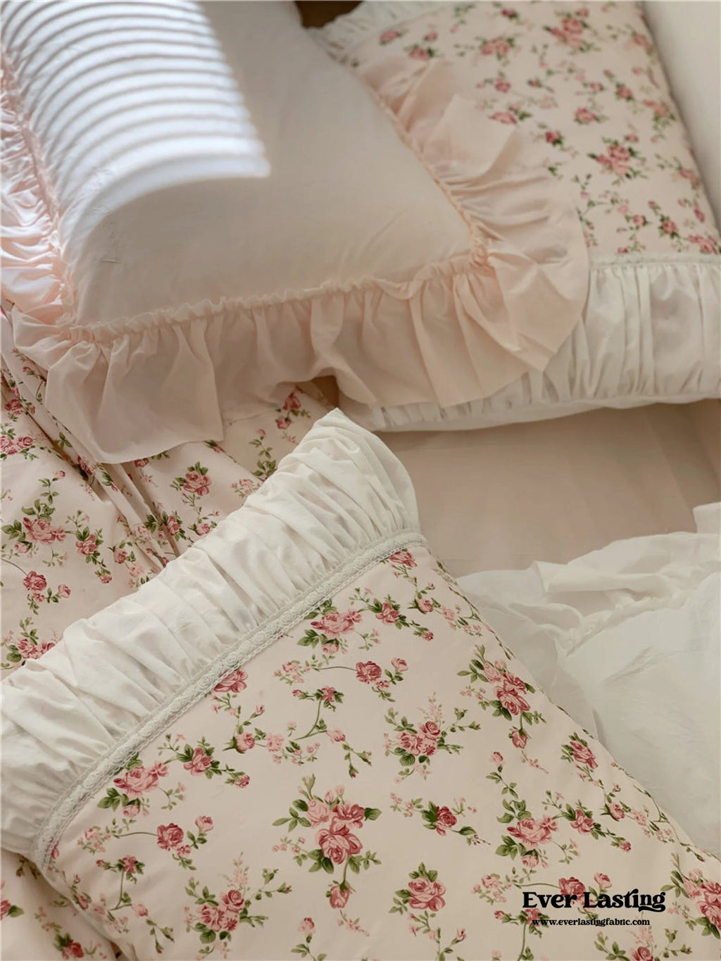 French Floral Ruffle Bedding Set / Rosé Pink Ever Lasting