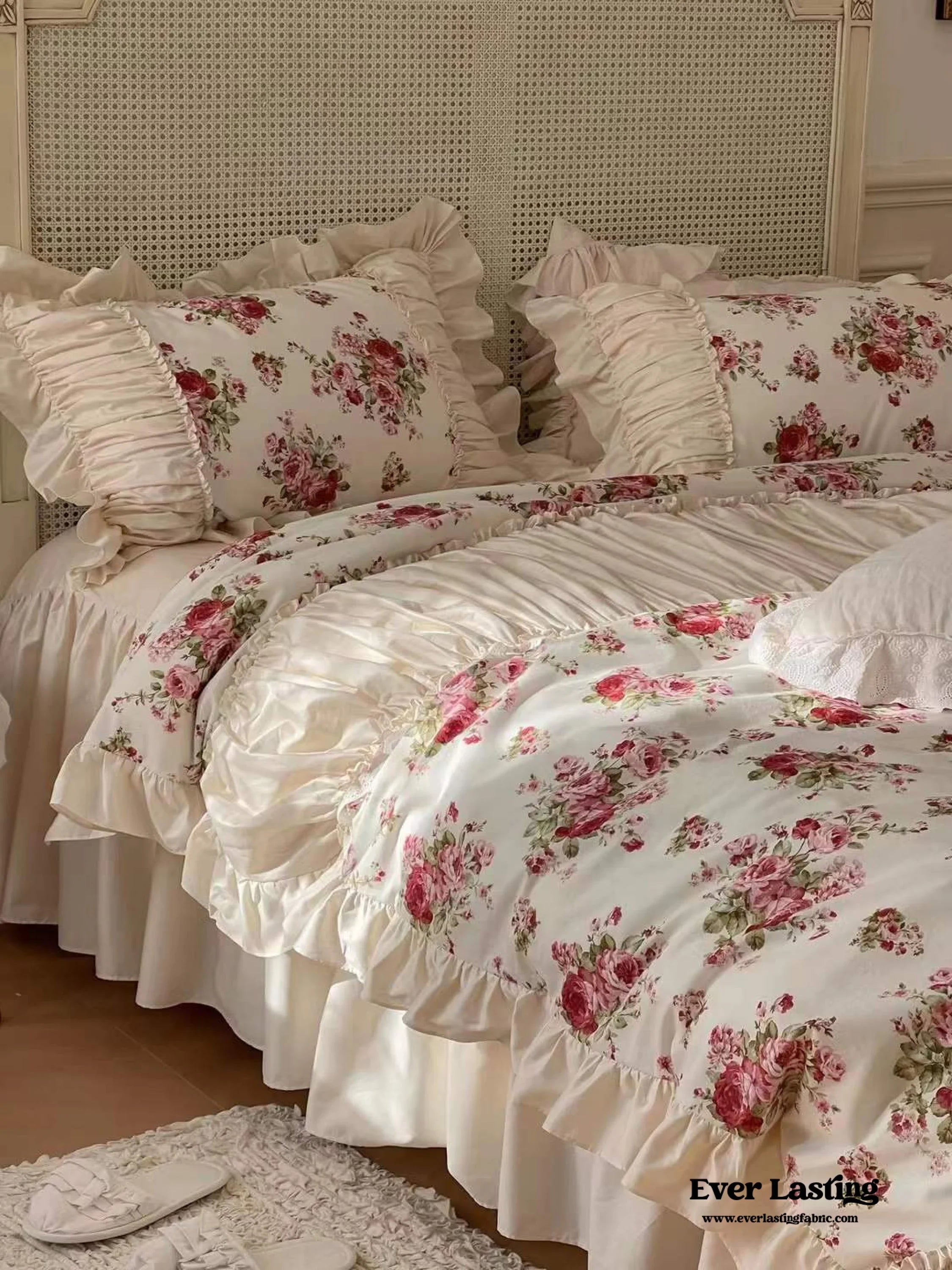 French Floral Ruffle Bedding Set / Rosé Pink Ever Lasting