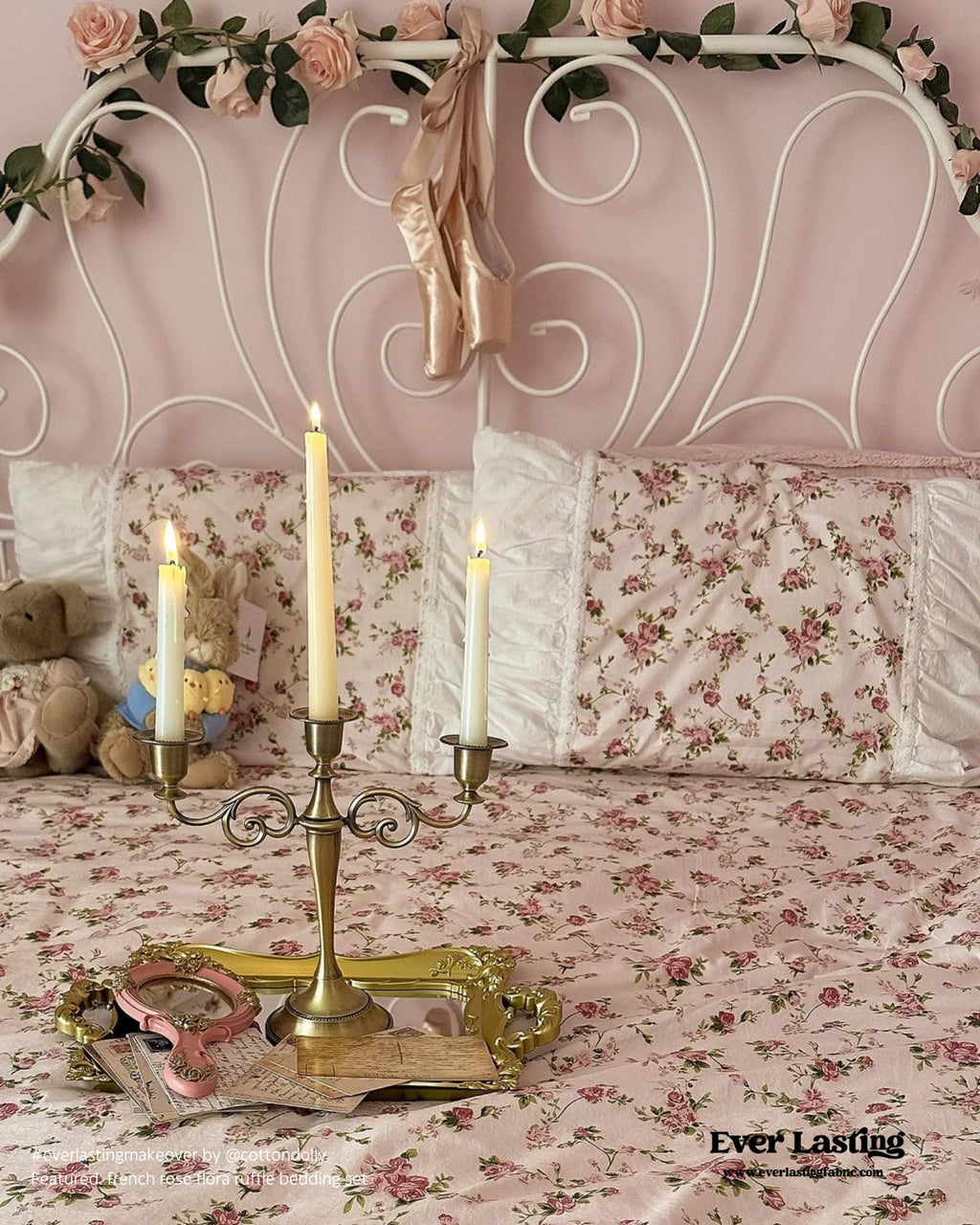 French Floral Ruffle Bedding Set / Rosé Pink Ever Lasting