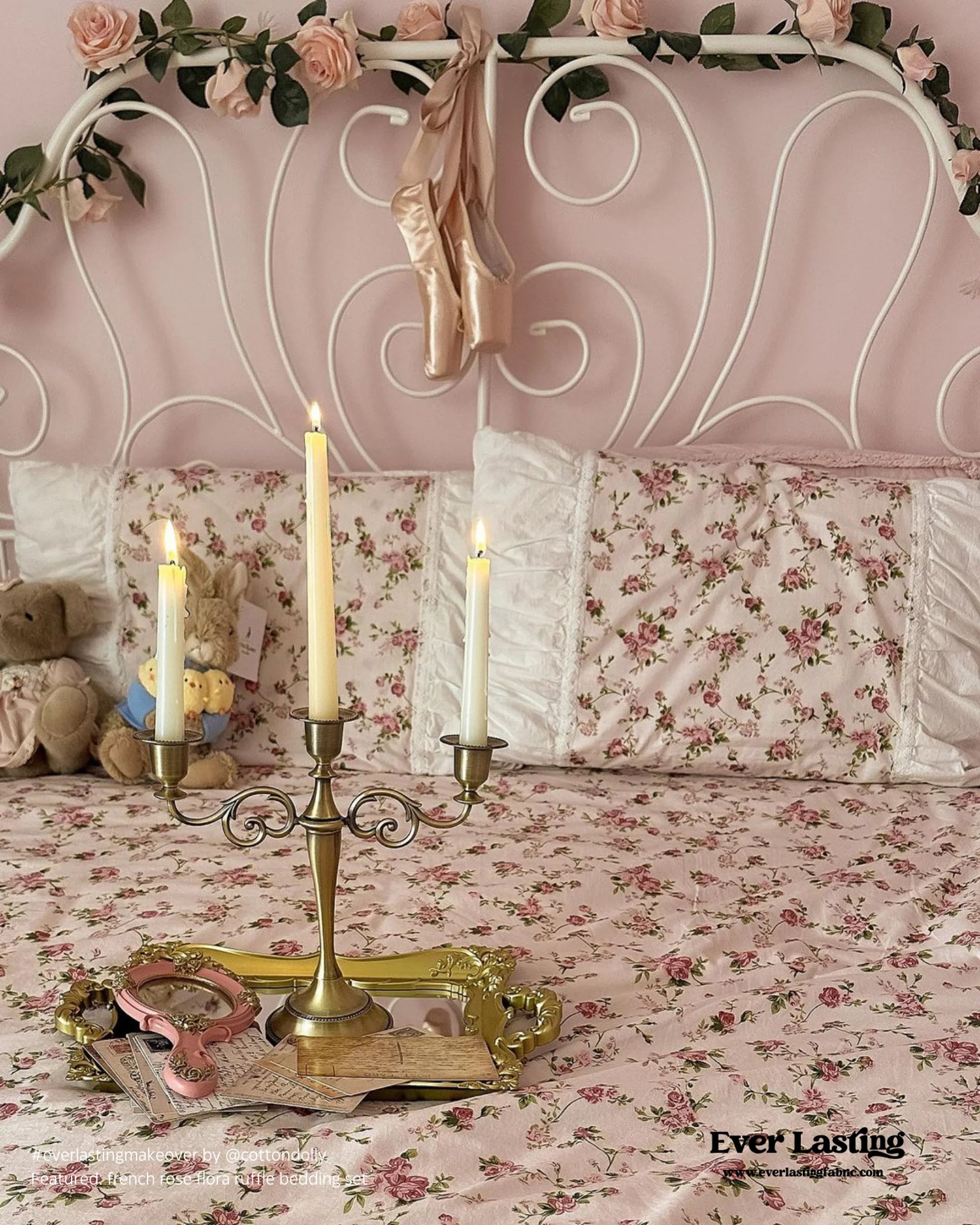 French Floral Ruffle Bedding Set / Rosé Pink Ever Lasting