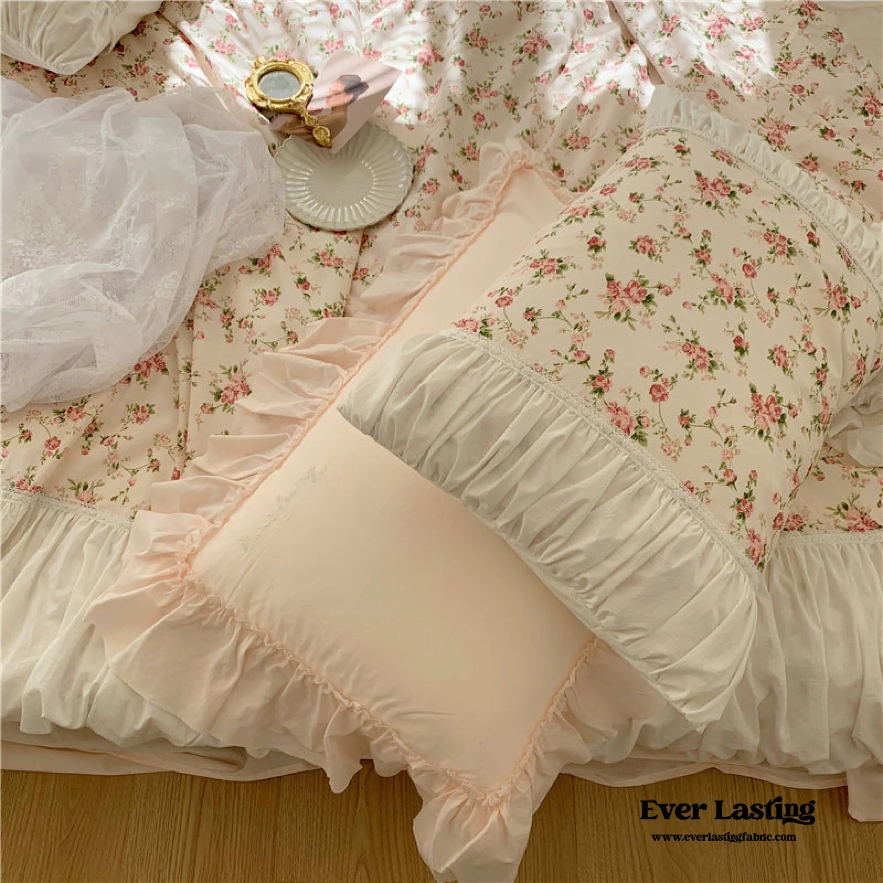 French Floral Ruffle Bedding Set / Rosé Pink Ever Lasting
