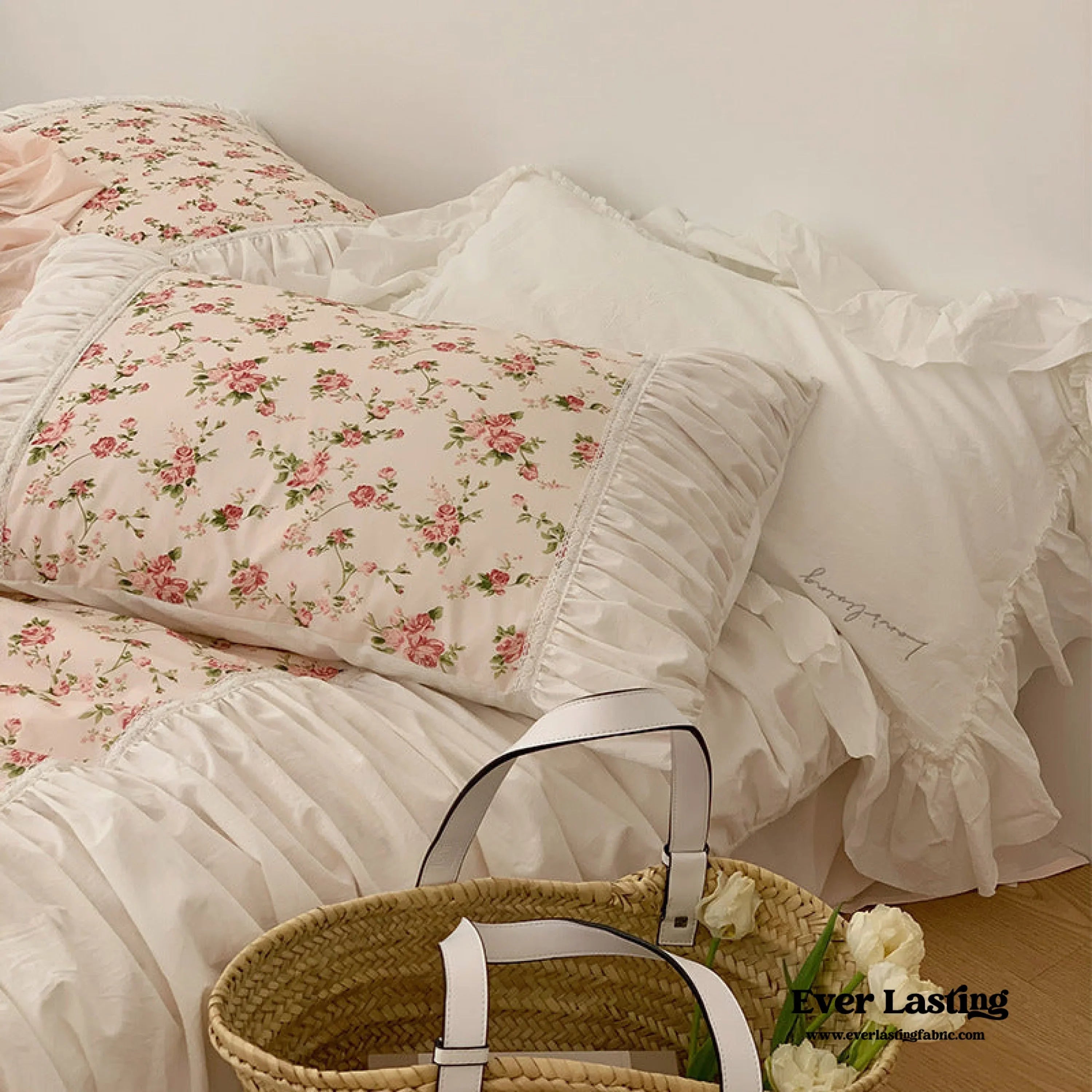 French Floral Ruffle Bedding Set / Rosé Pink Ever Lasting