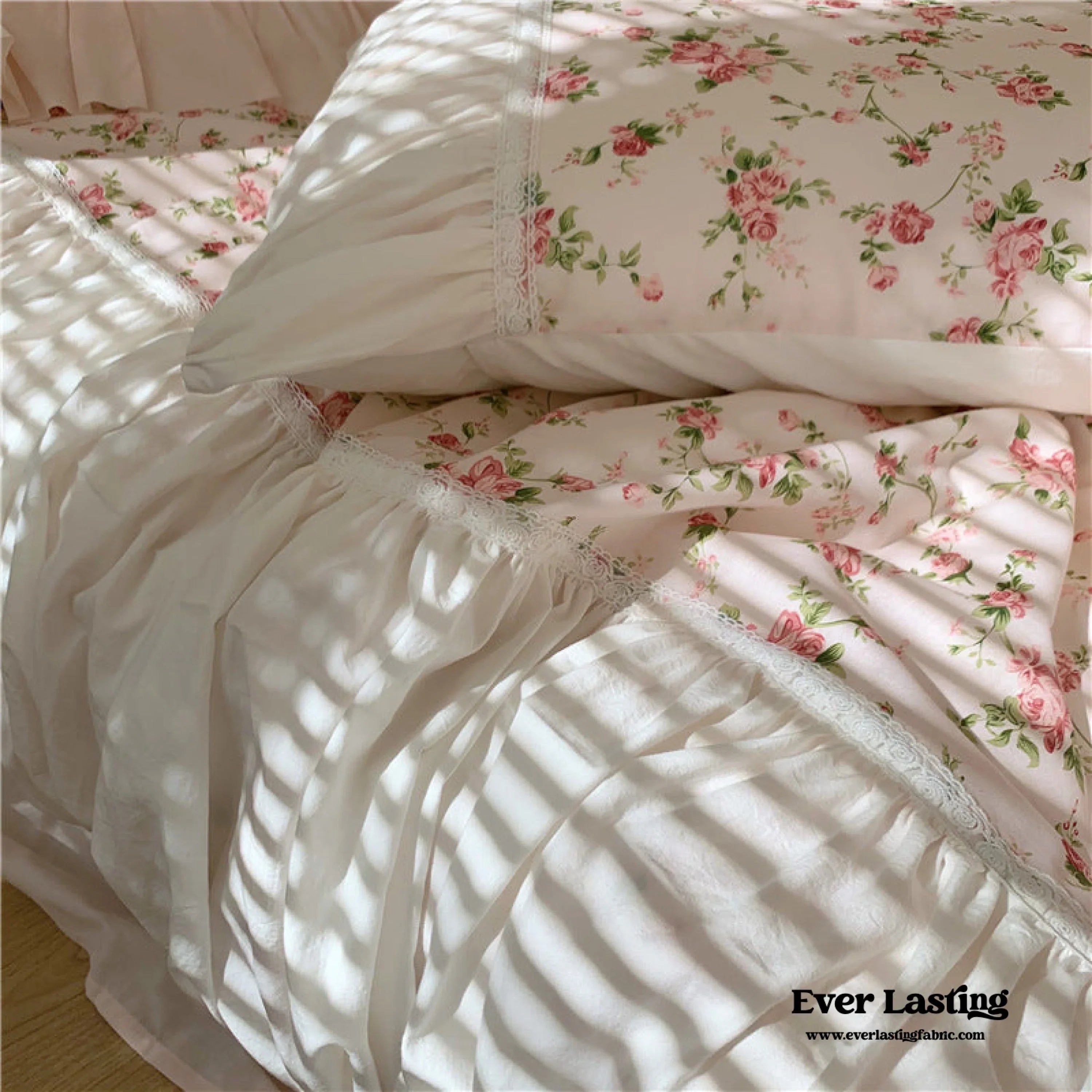French Floral Ruffle Bedding Set / Rosé Pink Ever Lasting