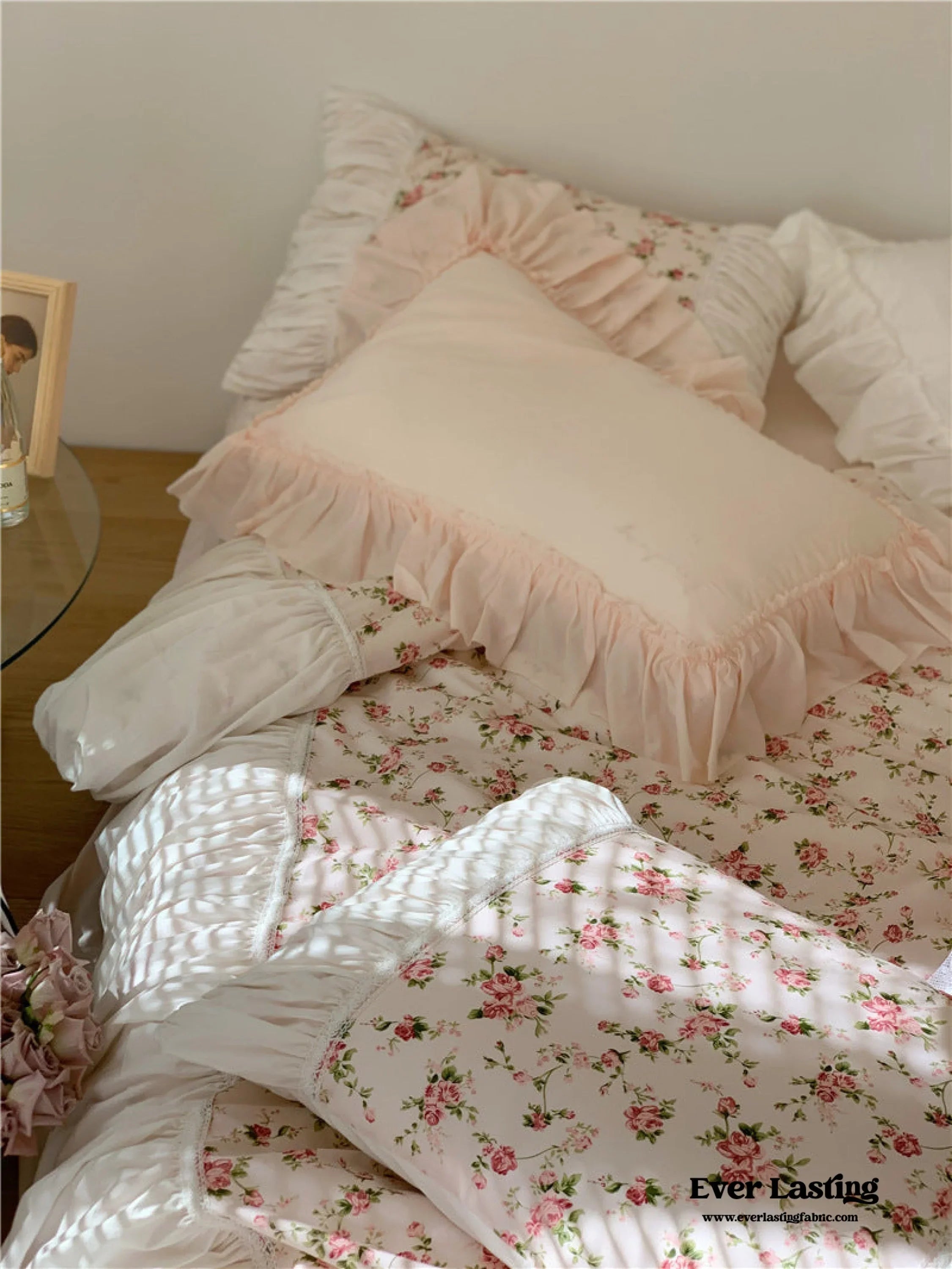 French Floral Ruffle Bedding Set / Rosé Pink Ever Lasting