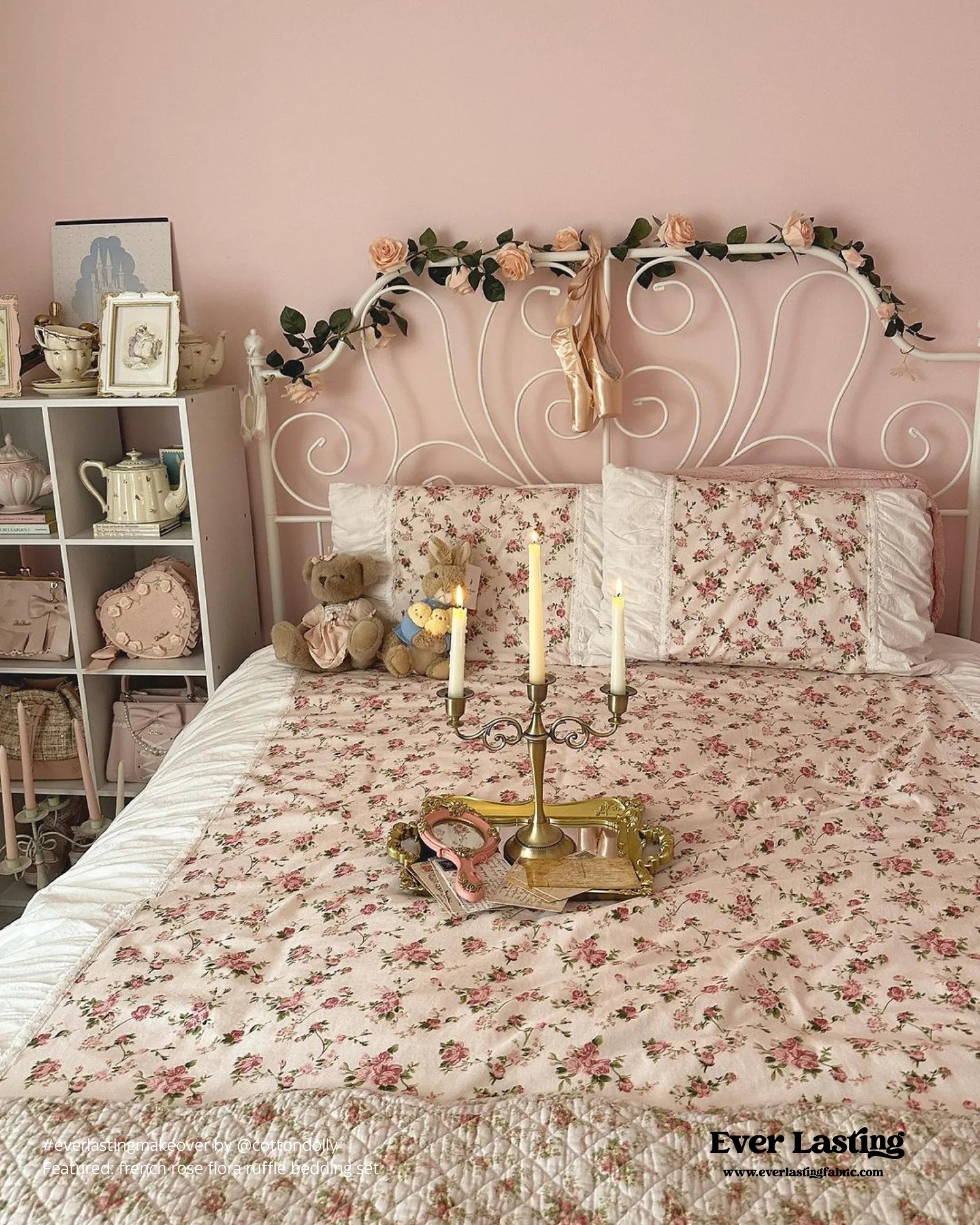 French Floral Ruffle Bedding Set / Rosé Pink Ever Lasting