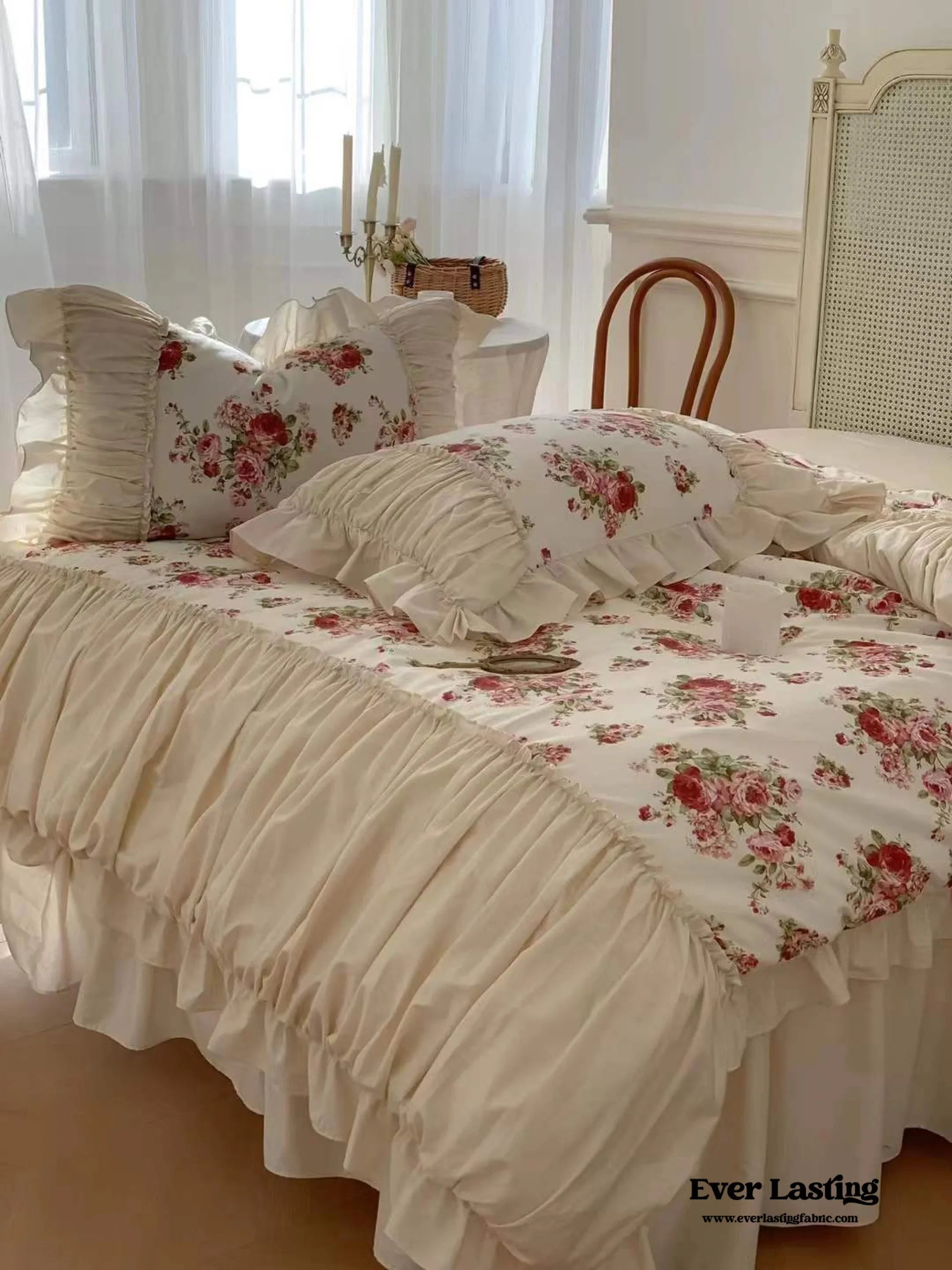 French Floral Ruffle Bedding Set / Rosé Pink Ever Lasting