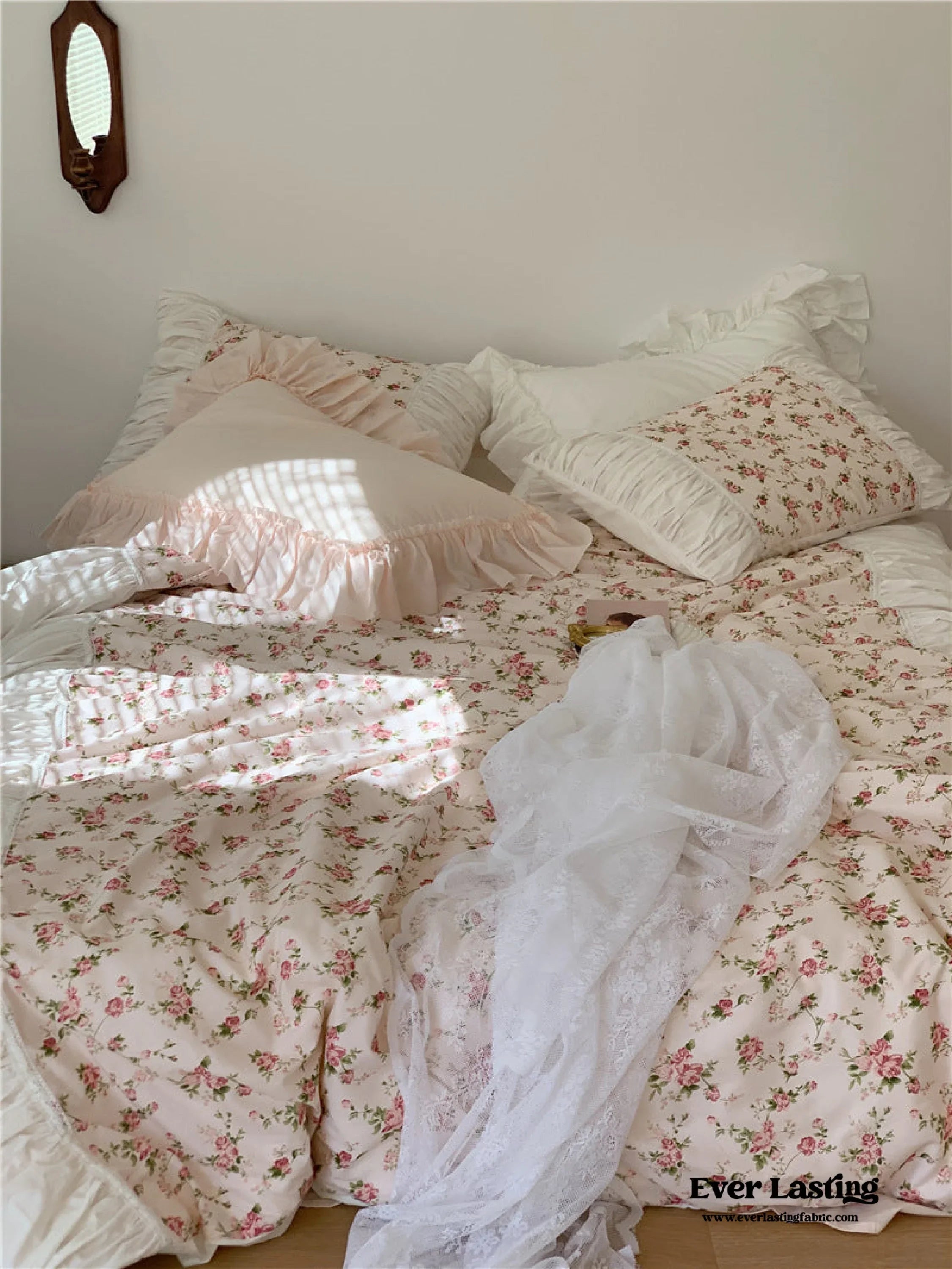 French Floral Ruffle Bedding Set / Rosé Pink Ever Lasting