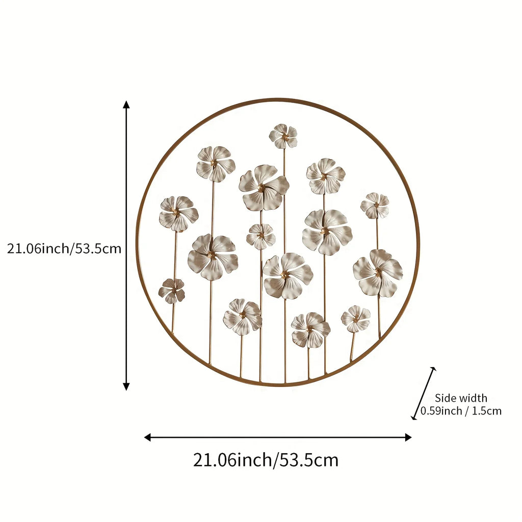 White floral wall art, iron with golden accents, green leaves - House of Avana