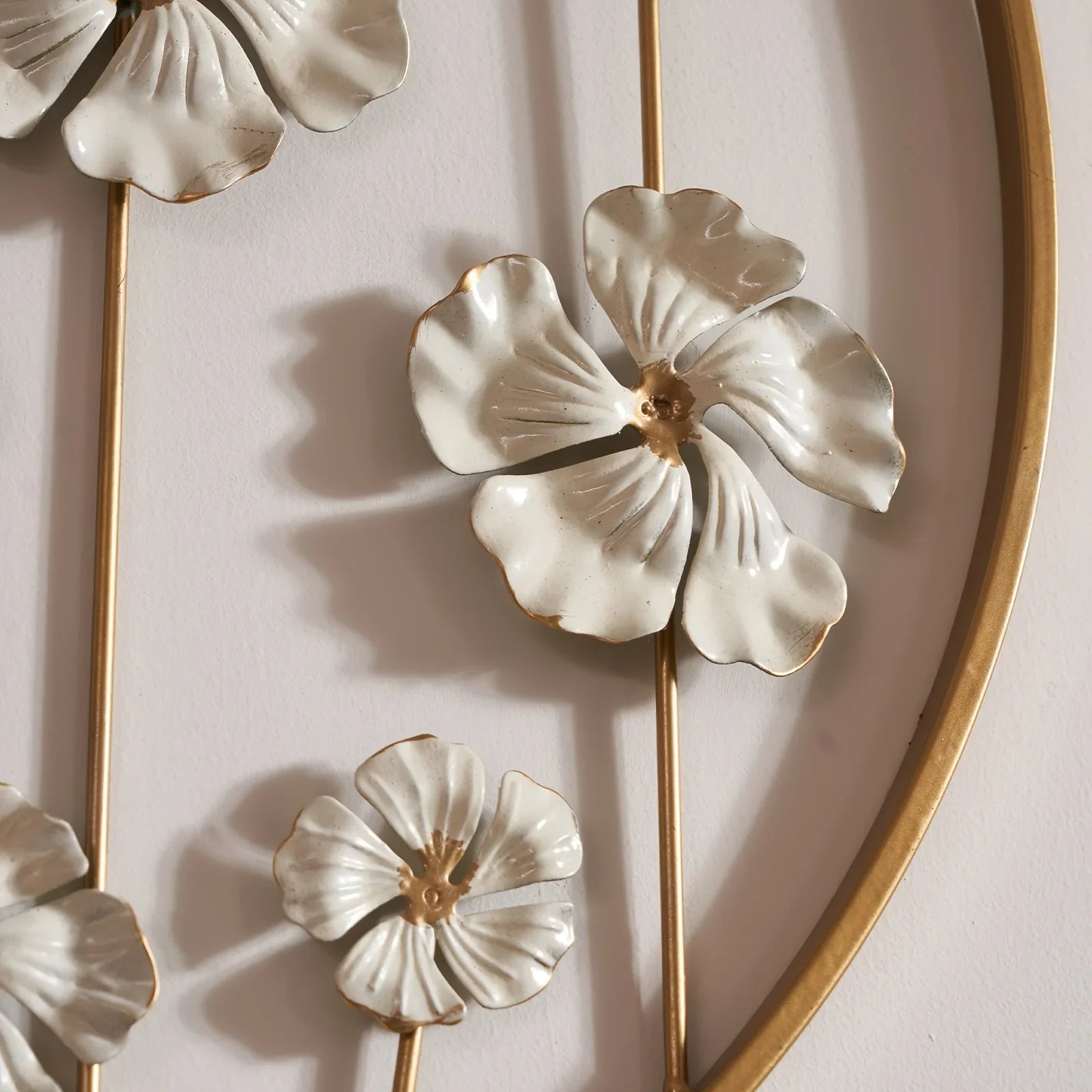 White floral wall art, iron with golden accents, green leaves - House of Avana