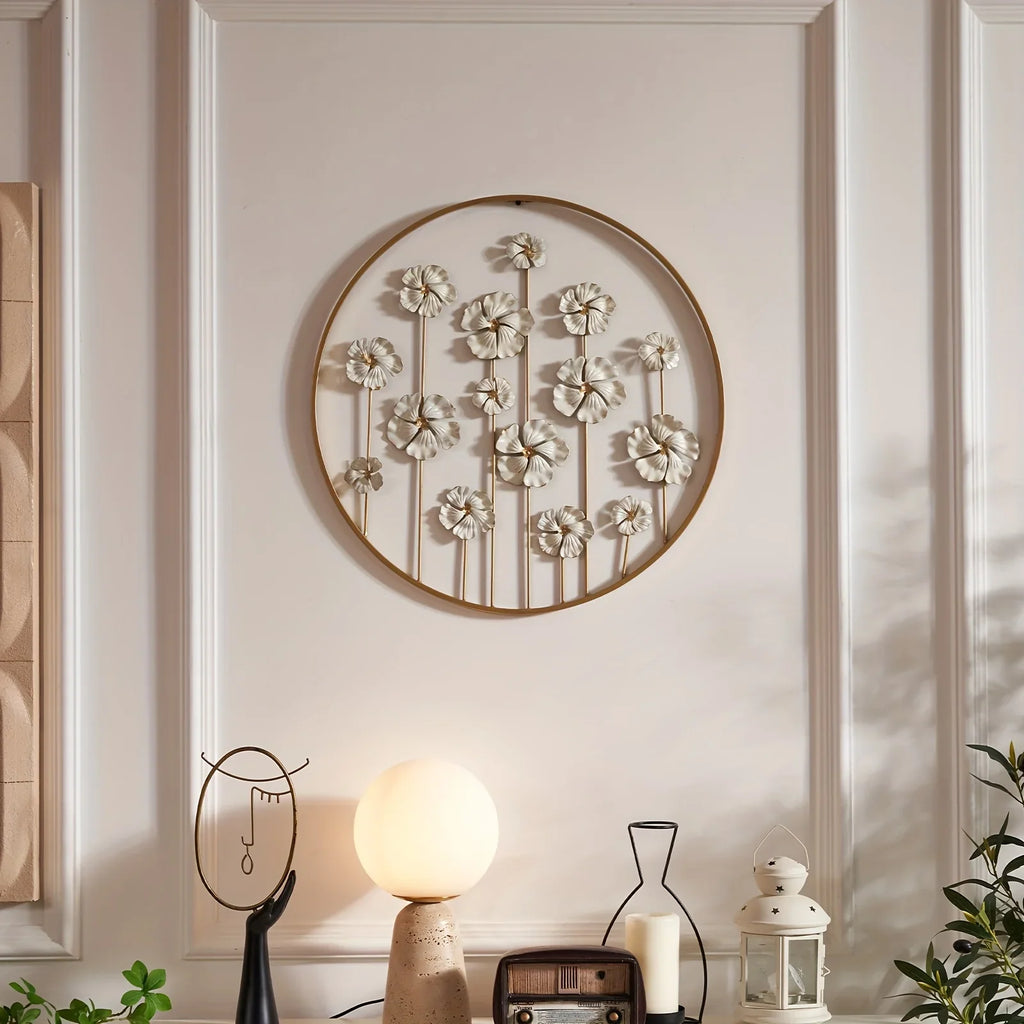 White floral wall art, iron with golden accents, green leaves - House of Avana