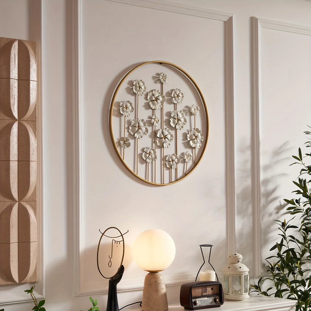 White floral wall art, iron with golden accents, green leaves - House of Avana