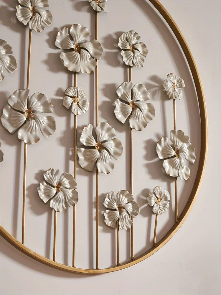 White floral wall art, iron with golden accents, green leaves - House of Avana