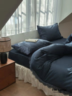 French Lace Floral Ruffle Bedding Set / Royal Blue Ever Lasting