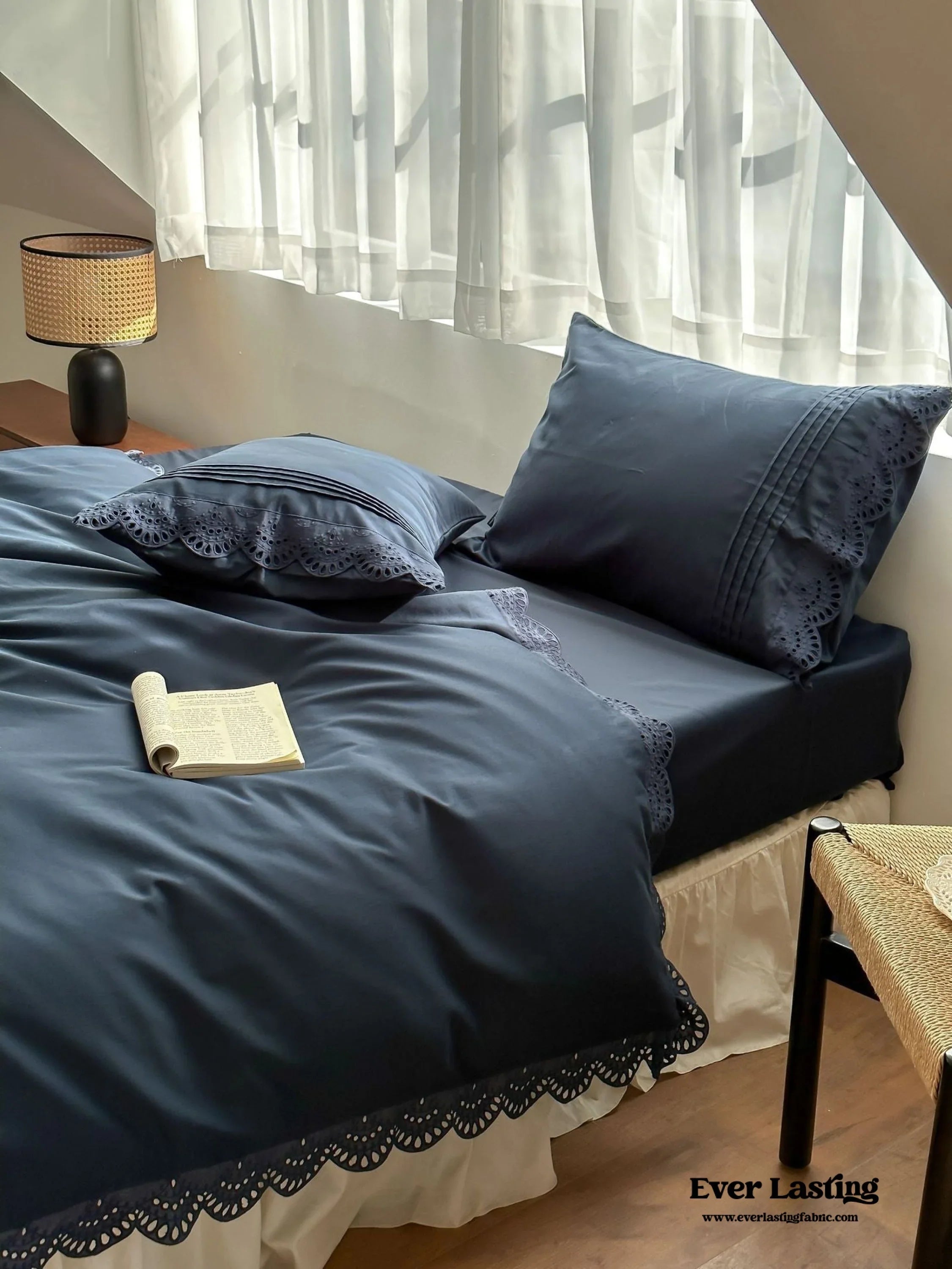 French Lace Floral Ruffle Bedding Set / Royal Blue Ever Lasting