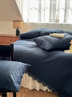 French Lace Floral Ruffle Bedding Set / Royal Blue Ever Lasting