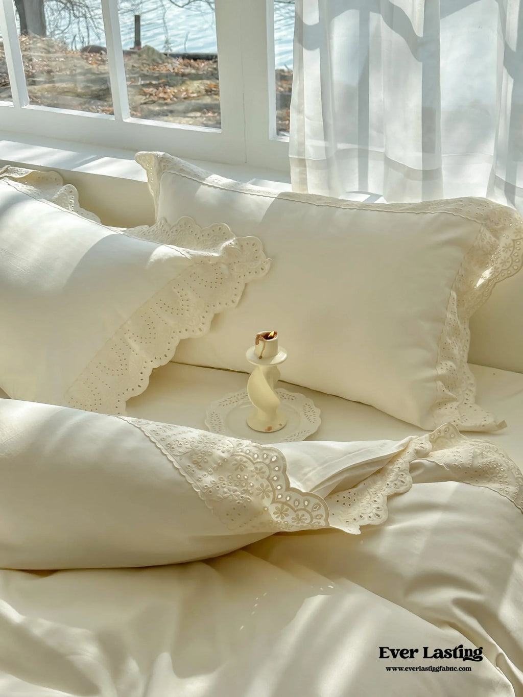 French Lace Floral Ruffle Bedding Set / Royal Blue Ever Lasting