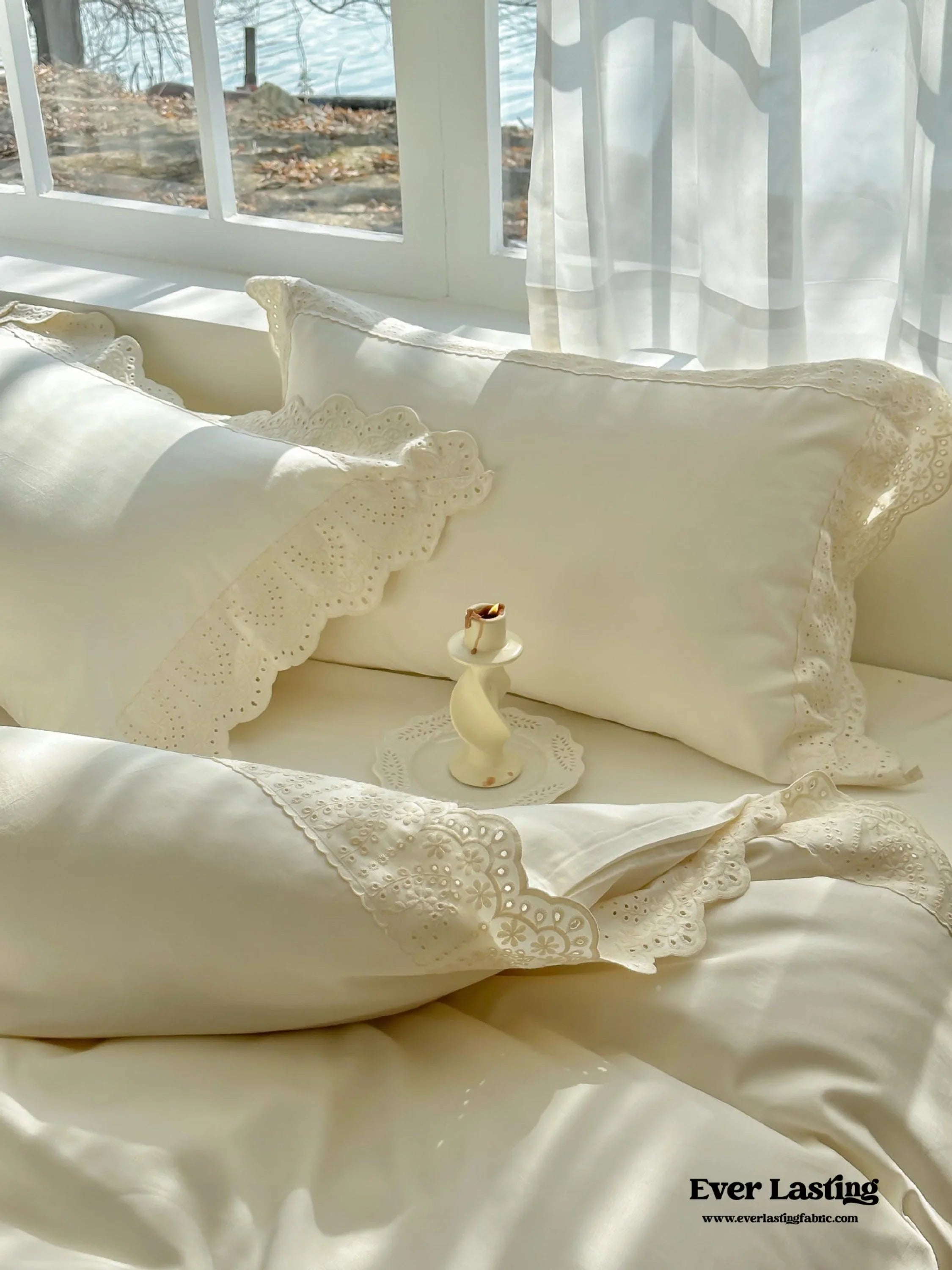 French Lace Floral Ruffle Bedding Set / Royal Blue Ever Lasting