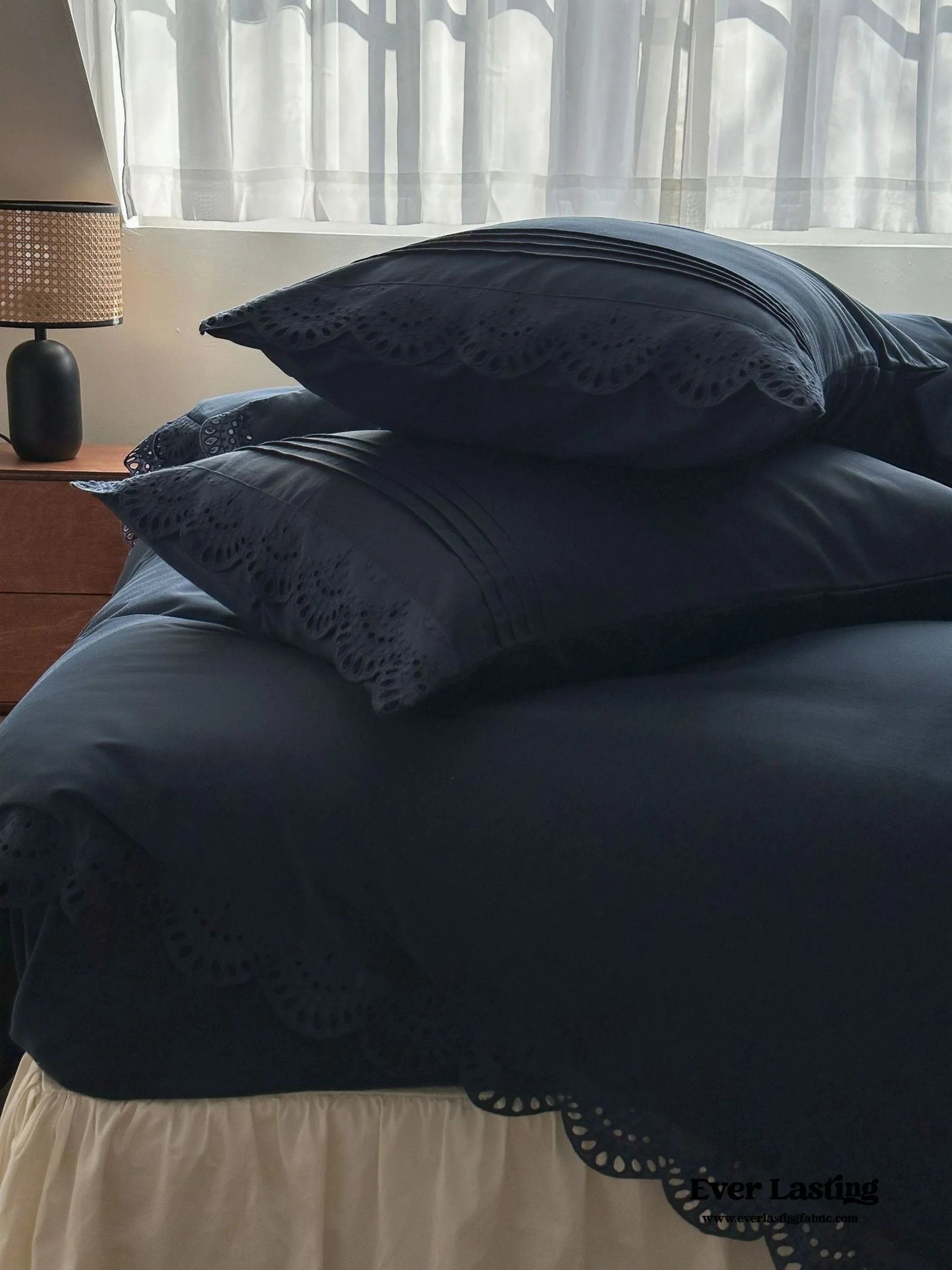 French Lace Floral Ruffle Bedding Set / Royal Blue Ever Lasting