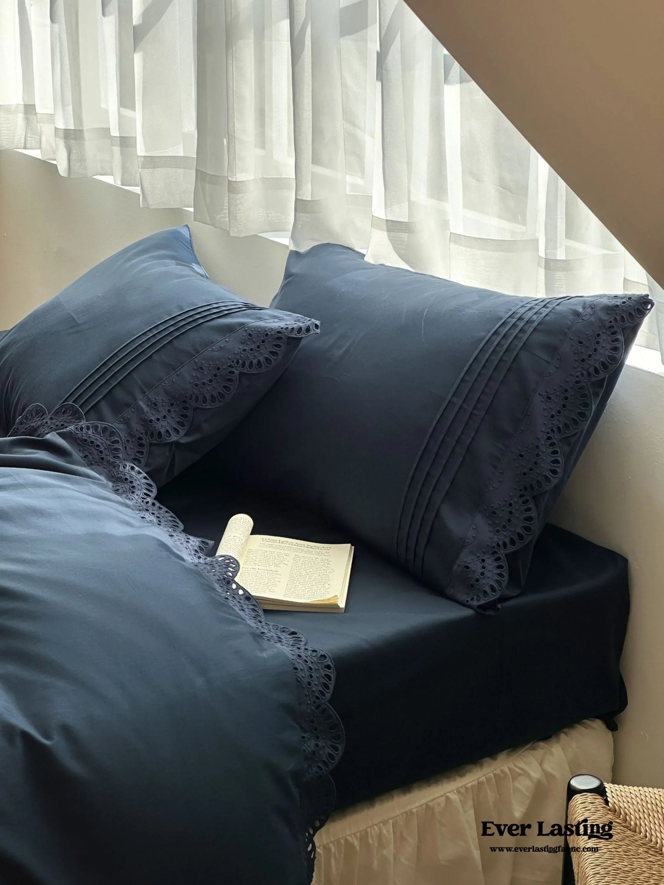 French Lace Floral Ruffle Bedding Set / Royal Blue Ever Lasting