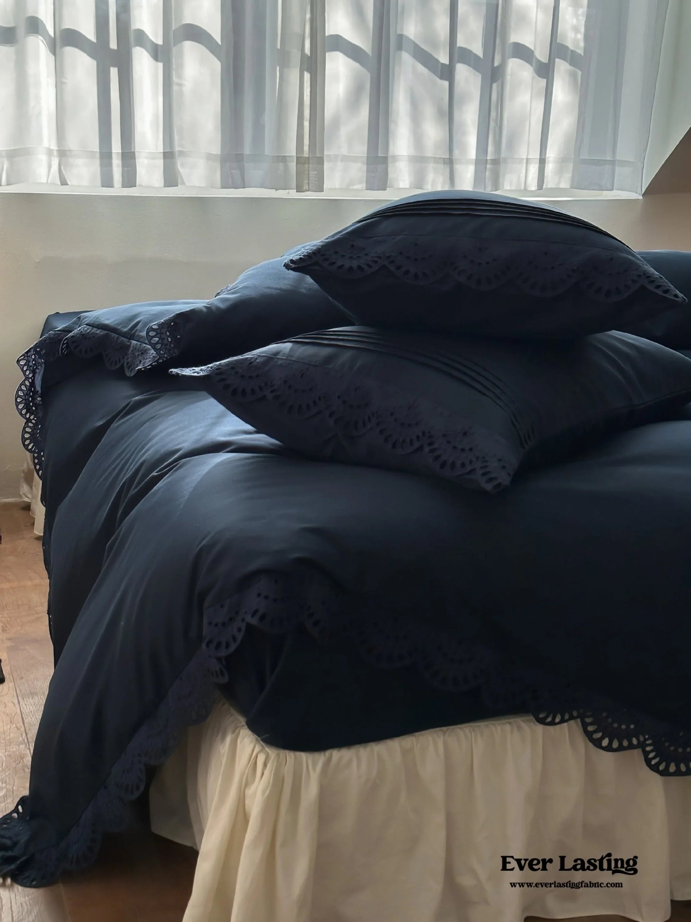 French Lace Floral Ruffle Bedding Set / Royal Blue Ever Lasting