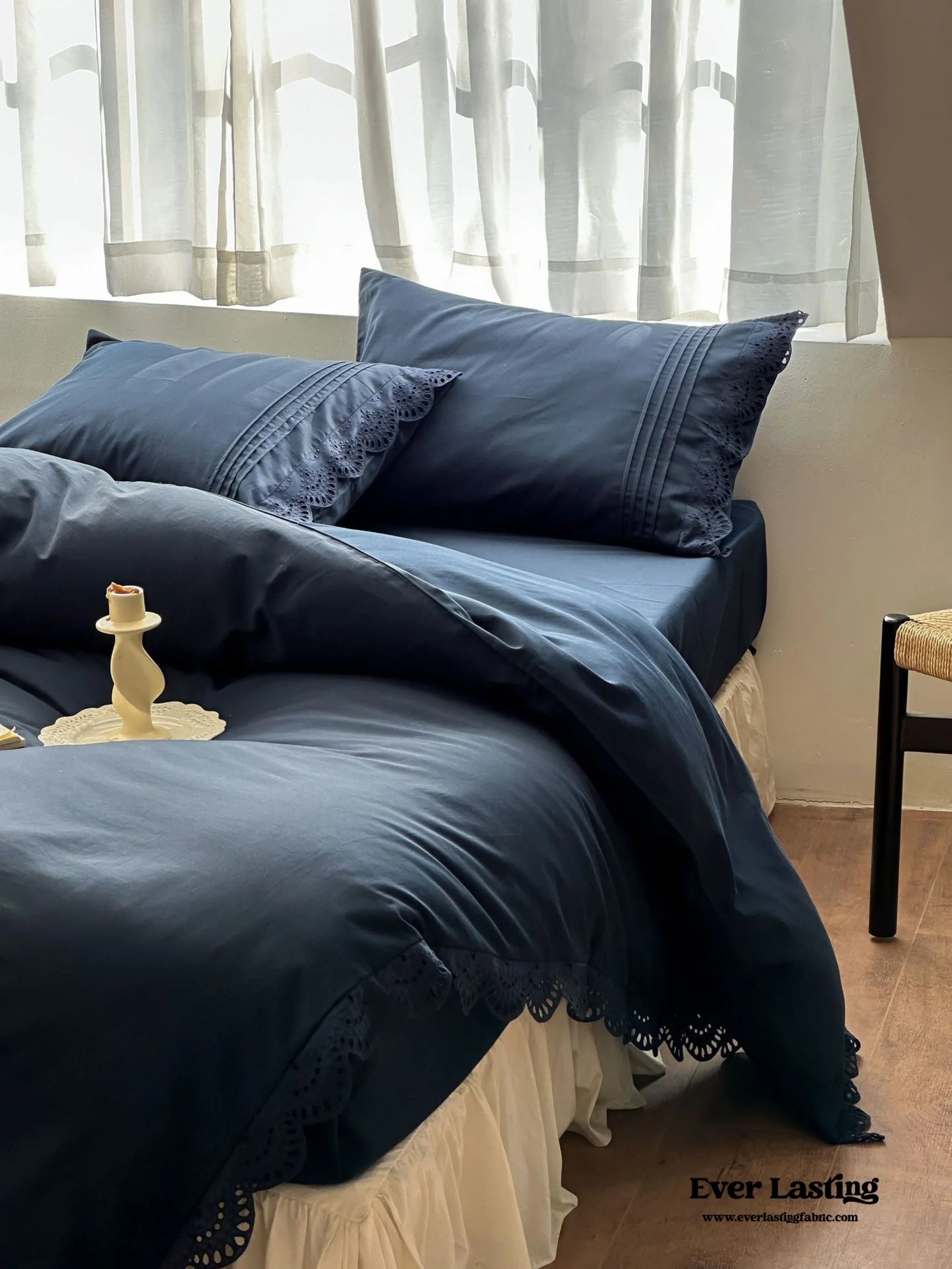 French Lace Floral Ruffle Bedding Set / Royal Blue Ever Lasting